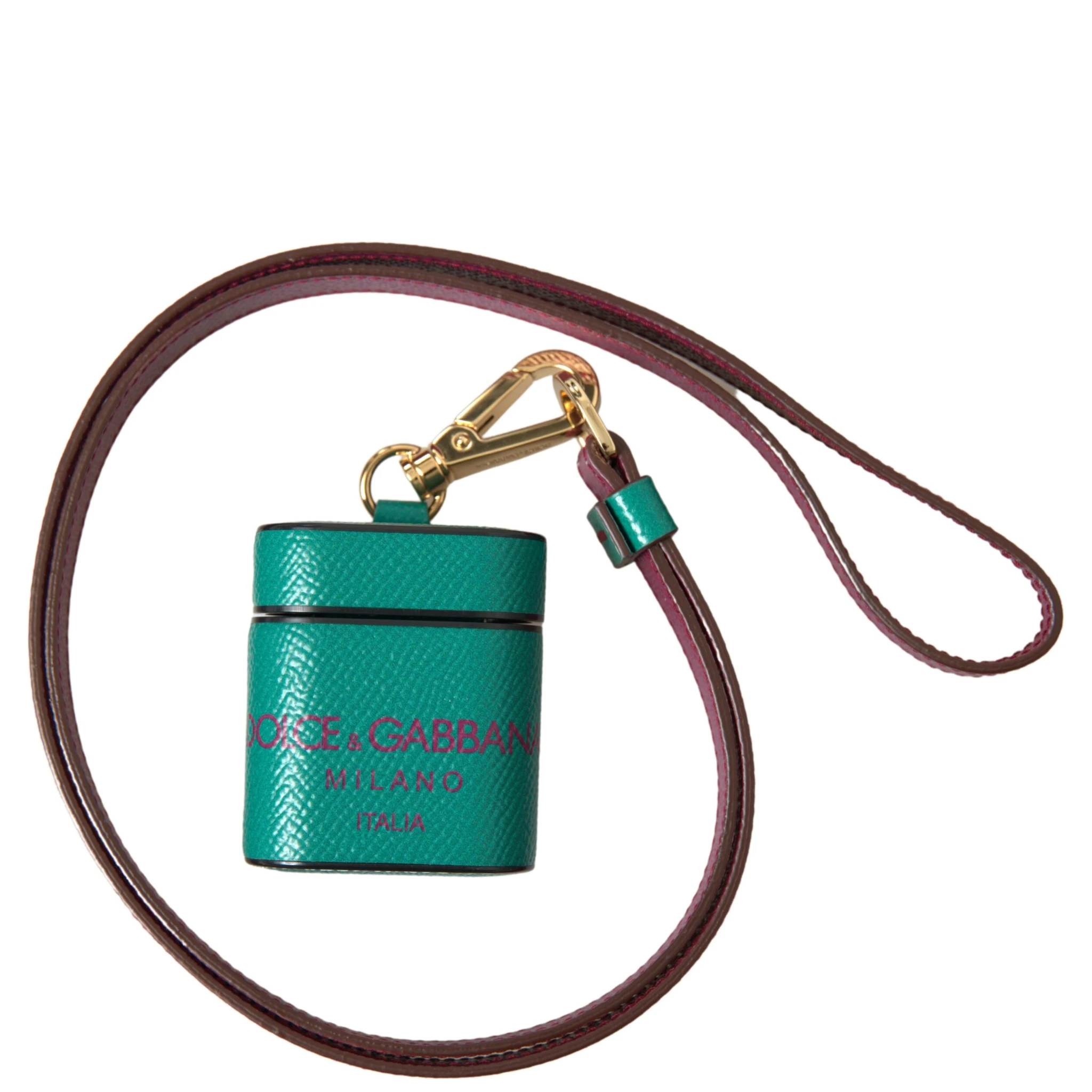 Green Maroon Calf Leather Logo Print Strap Airpods Case