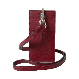 Red Leather Lanyard Logo Slim Card Holder Men Wallet