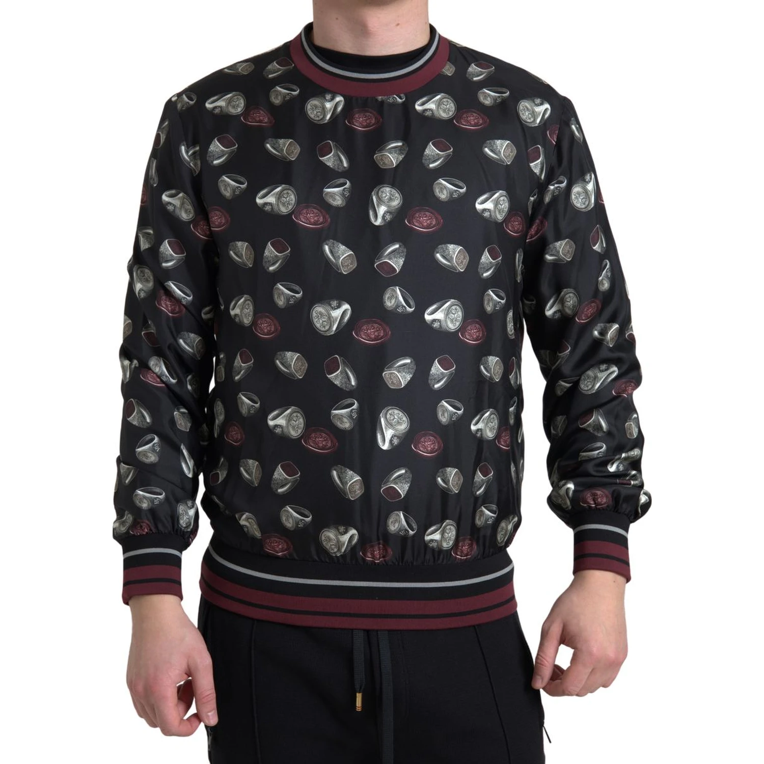 Black Ring Print Silk Crewneck Sweater
