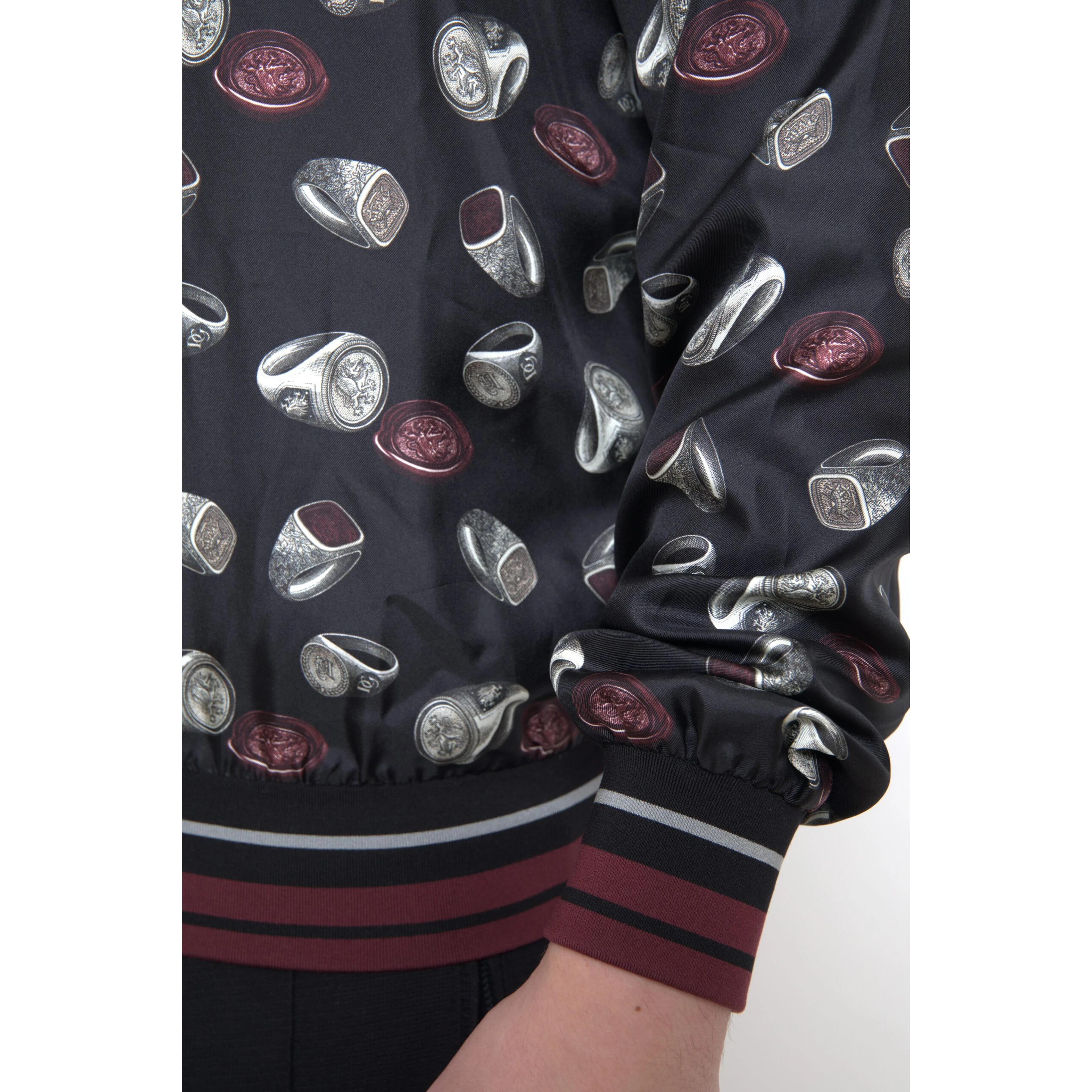 Black Ring Print Silk Crewneck Sweater