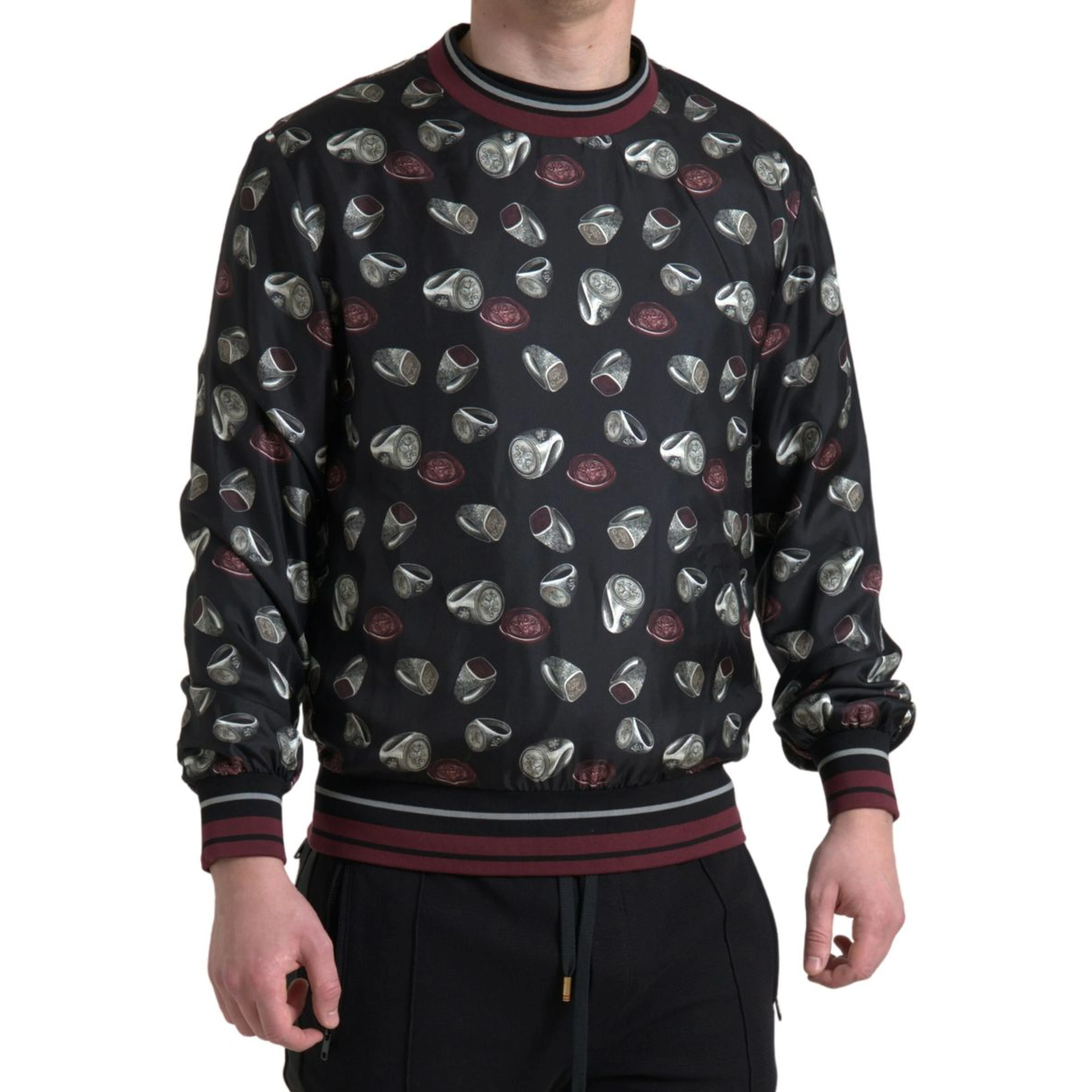 Black Ring Print Silk Crewneck Sweater