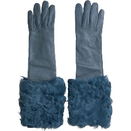 Blue Leather Fur Mid Arm Length Gloves