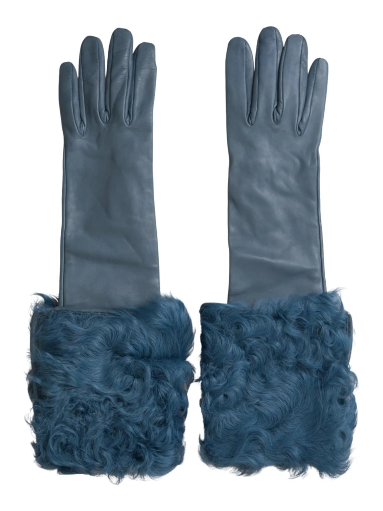 Blue Leather Fur Mid Arm Length Gloves