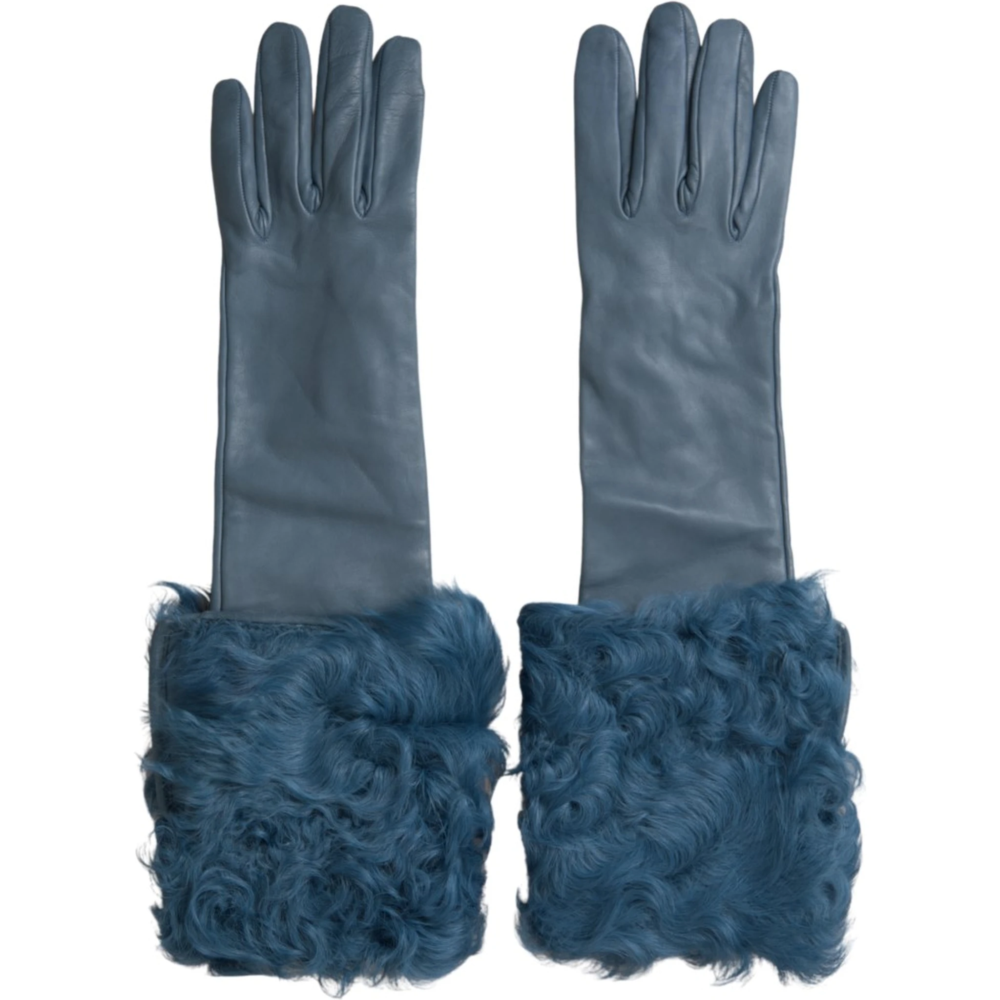Blue Leather Fur Mid Arm Length Gloves