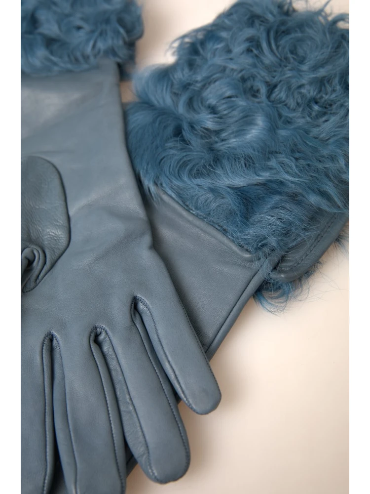 Blue Leather Fur Mid Arm Length Gloves alternative