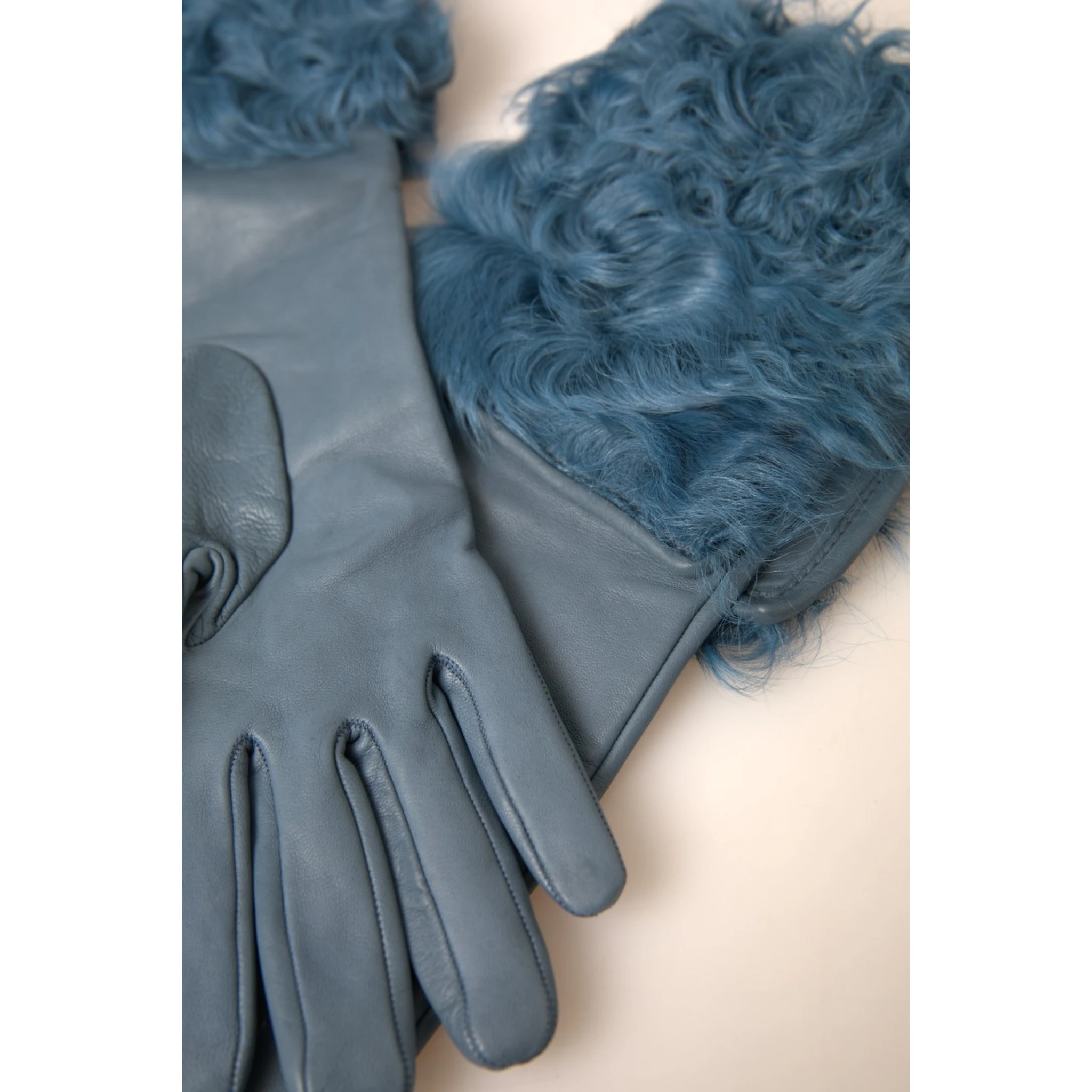 Blue Leather Fur Mid Arm Length Gloves