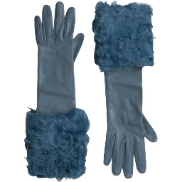Blue Leather Fur Mid Arm Length Gloves