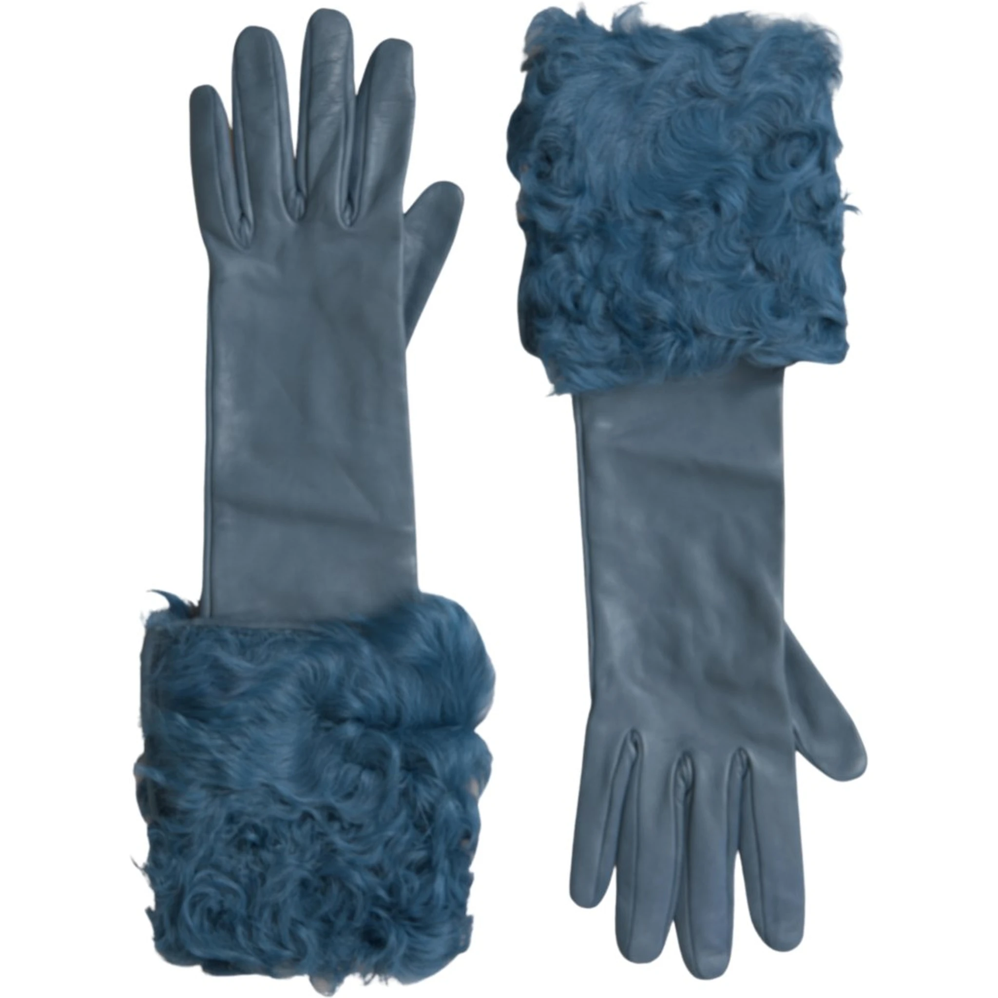 Blue Leather Fur Mid Arm Length Gloves