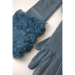 Blue Leather Fur Mid Arm Length Gloves