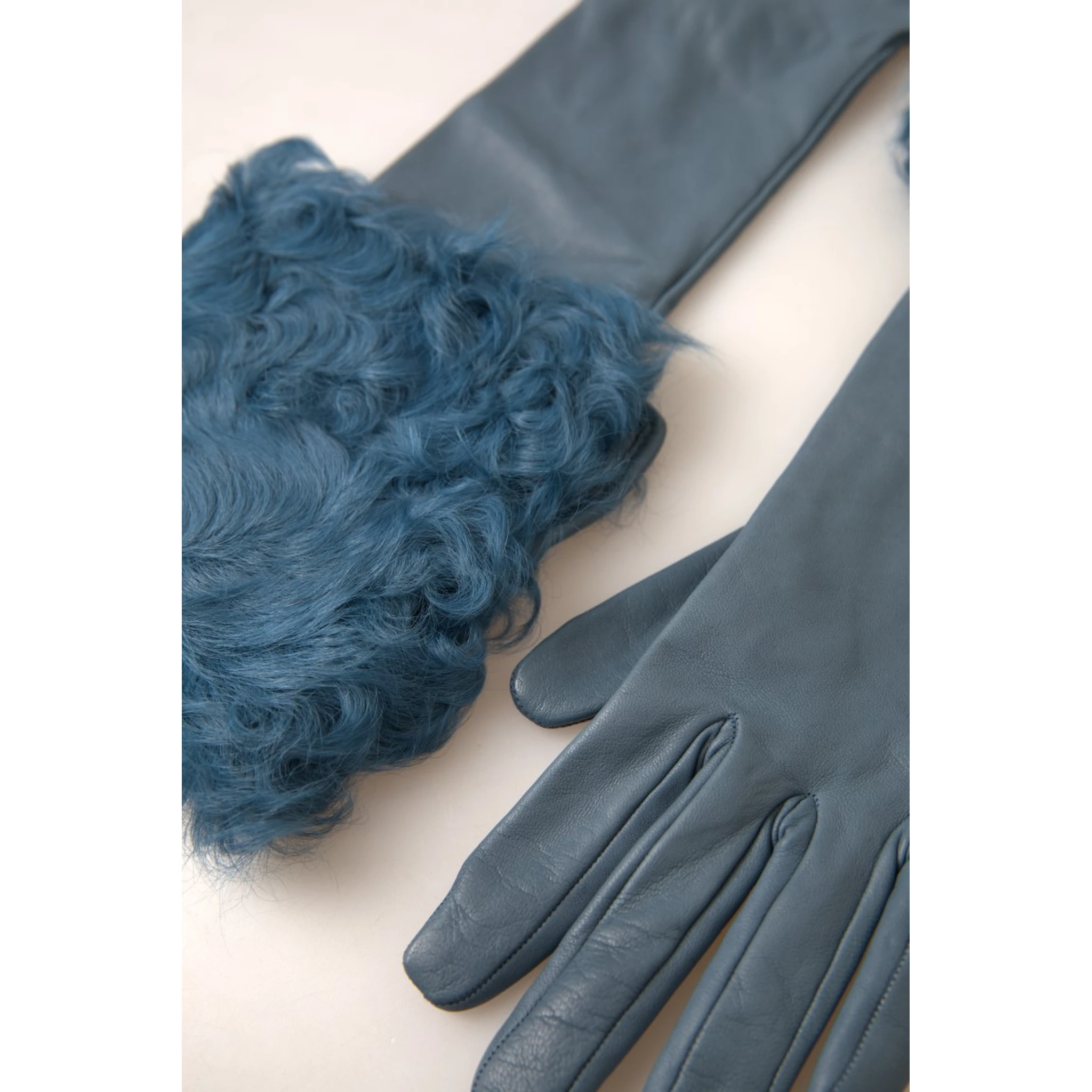Blue Leather Fur Mid Arm Length Gloves