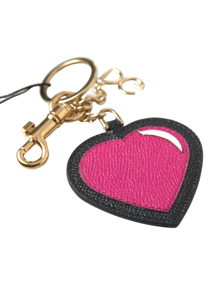 Black Fuchsia Heart Leather Gold Metal Keyring Keychain
