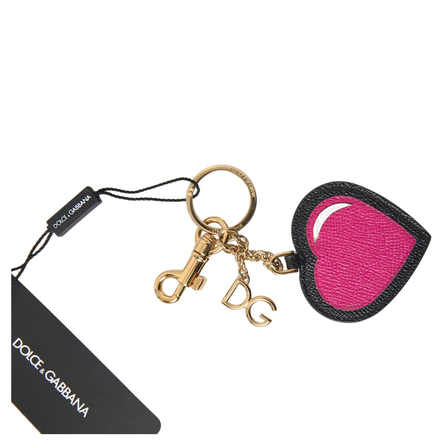 Black Fuchsia Heart Leather Gold Metal Keyring Keychain