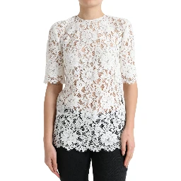 White Floral Lace Cotton Round Neck Blouse Top