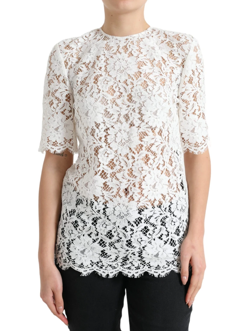 White Floral Lace Cotton Round Neck Blouse Top