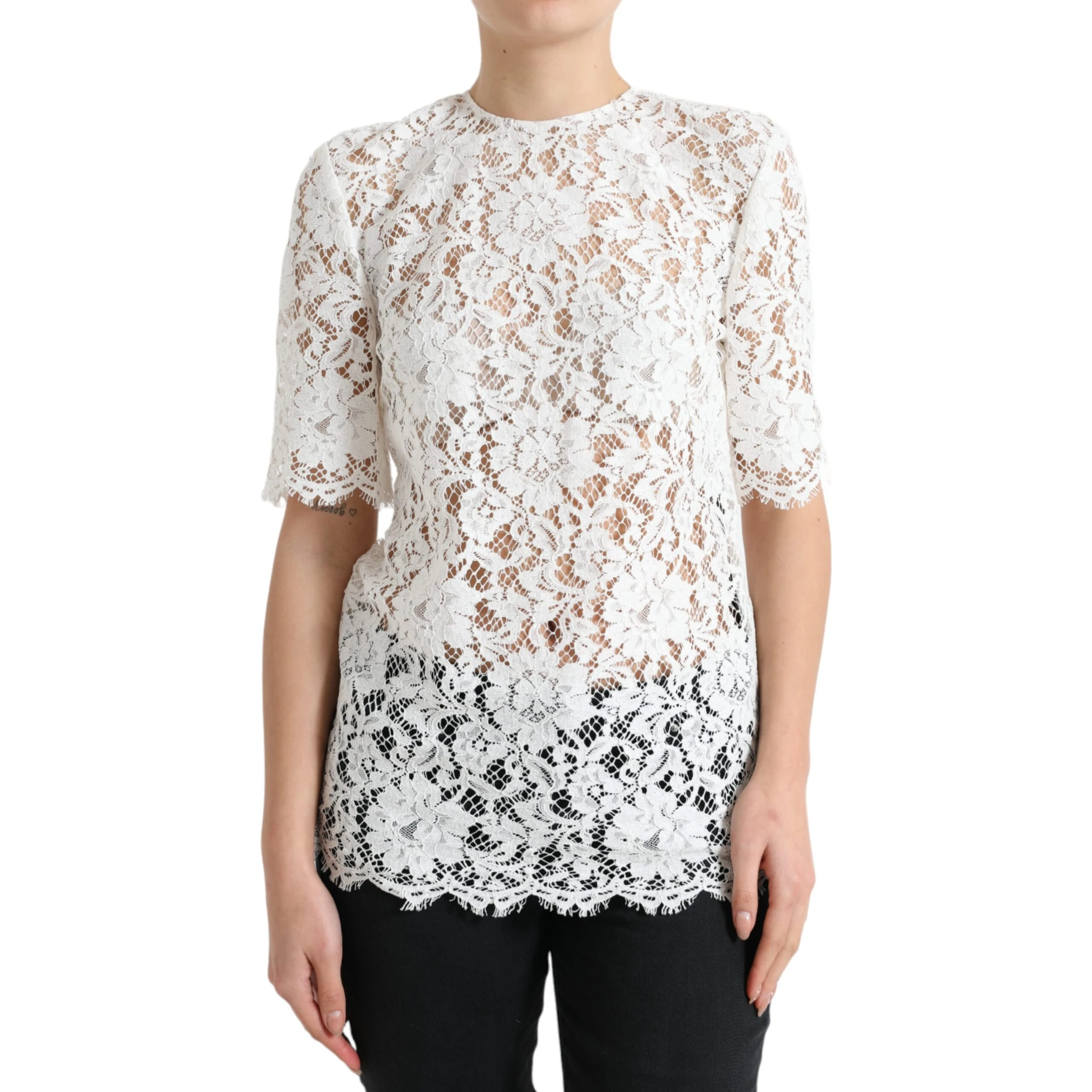 White Floral Lace Cotton Round Neck Blouse Top
