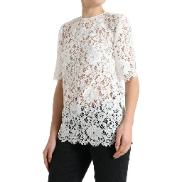 White Floral Lace Cotton Round Neck Blouse Top