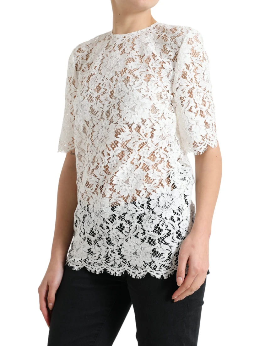White Floral Lace Cotton Round Neck Blouse Top