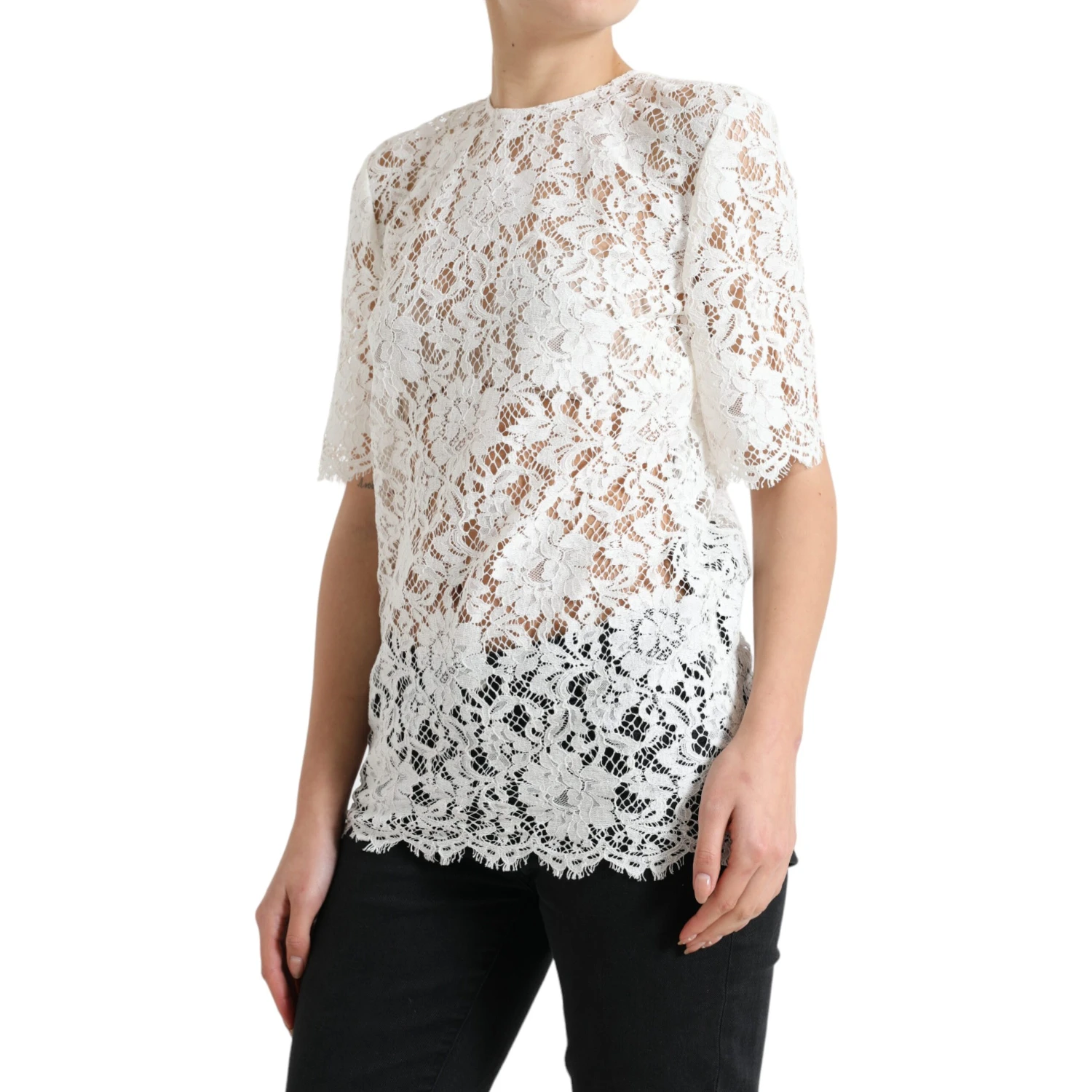 White Floral Lace Cotton Round Neck Blouse Top