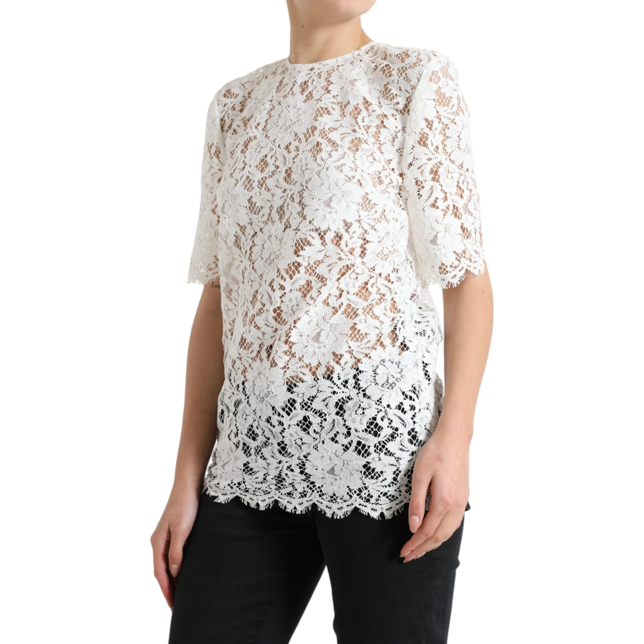 White Floral Lace Cotton Round Neck Blouse Top