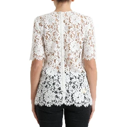 White Floral Lace Cotton Round Neck Blouse Top