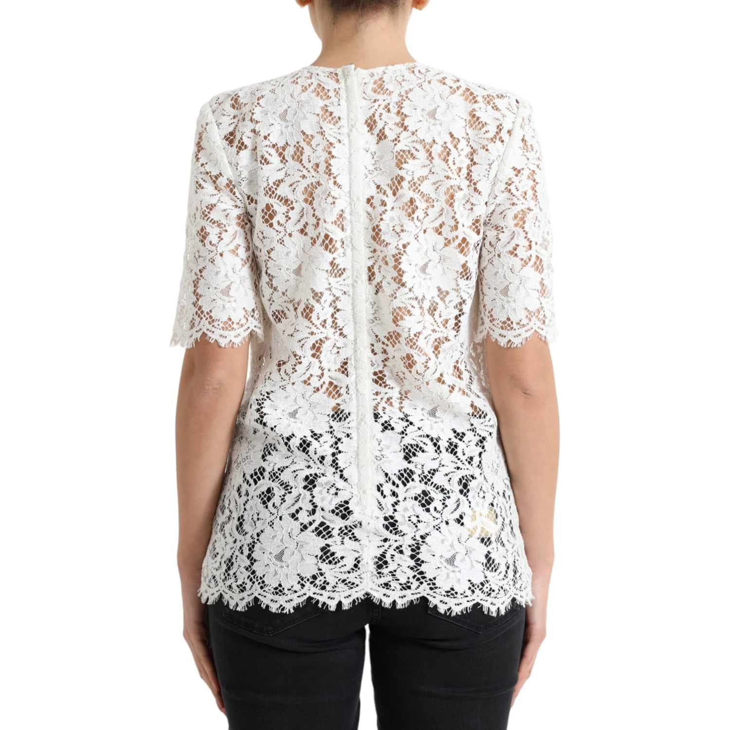 White Floral Lace Cotton Round Neck Blouse Top