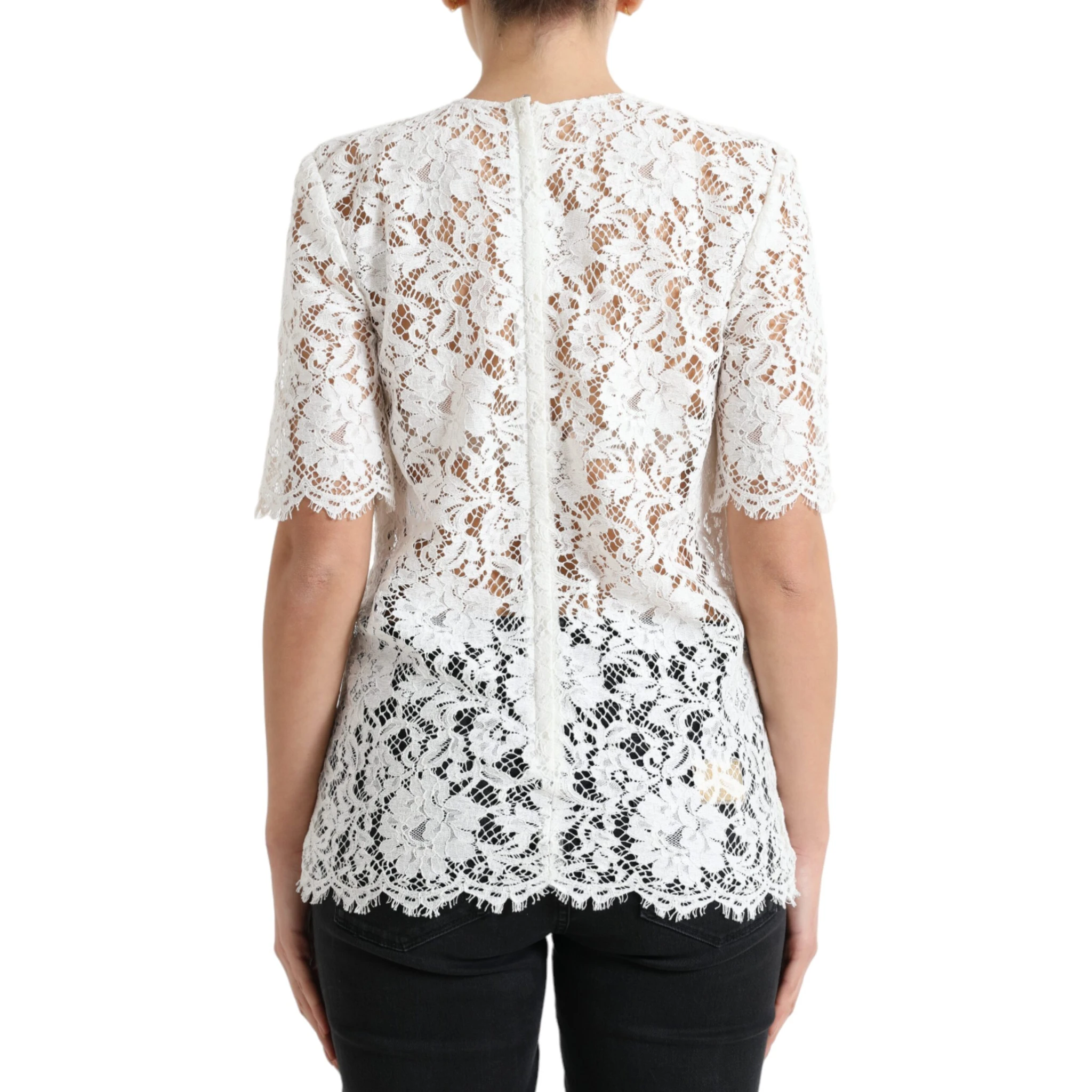 White Floral Lace Cotton Round Neck Blouse Top