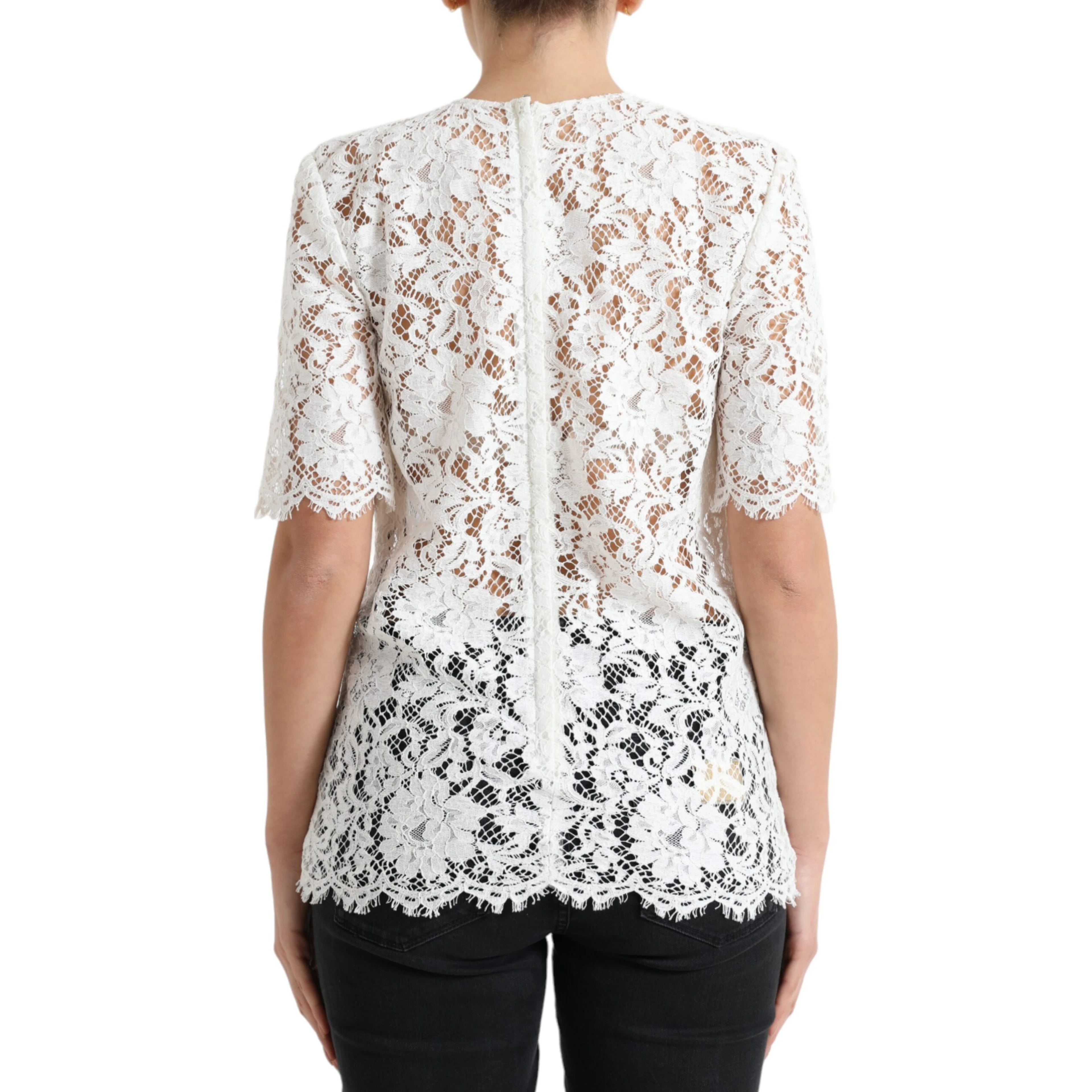 White Floral Lace Cotton Round Neck Blouse Top