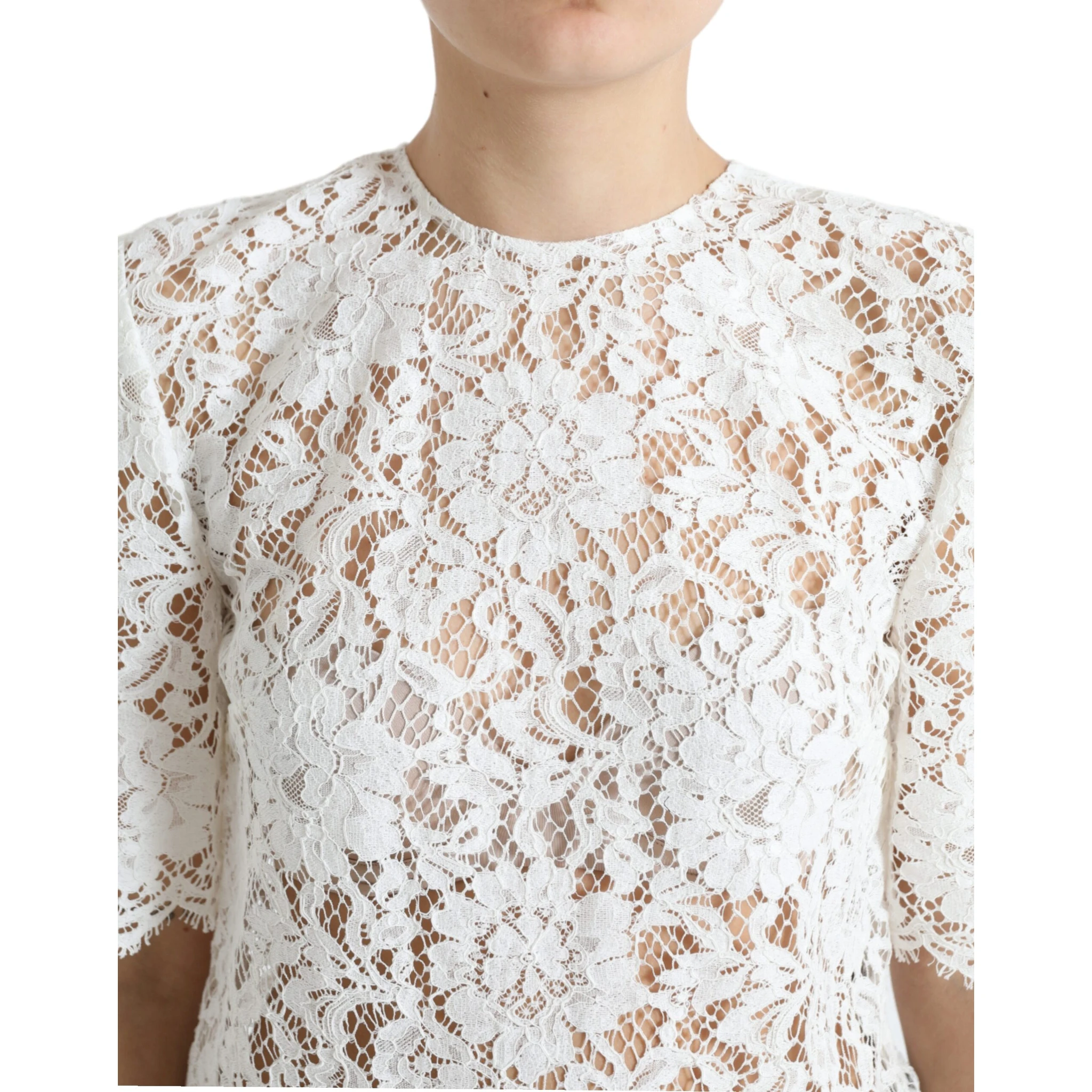 White Floral Lace Cotton Round Neck Blouse Top