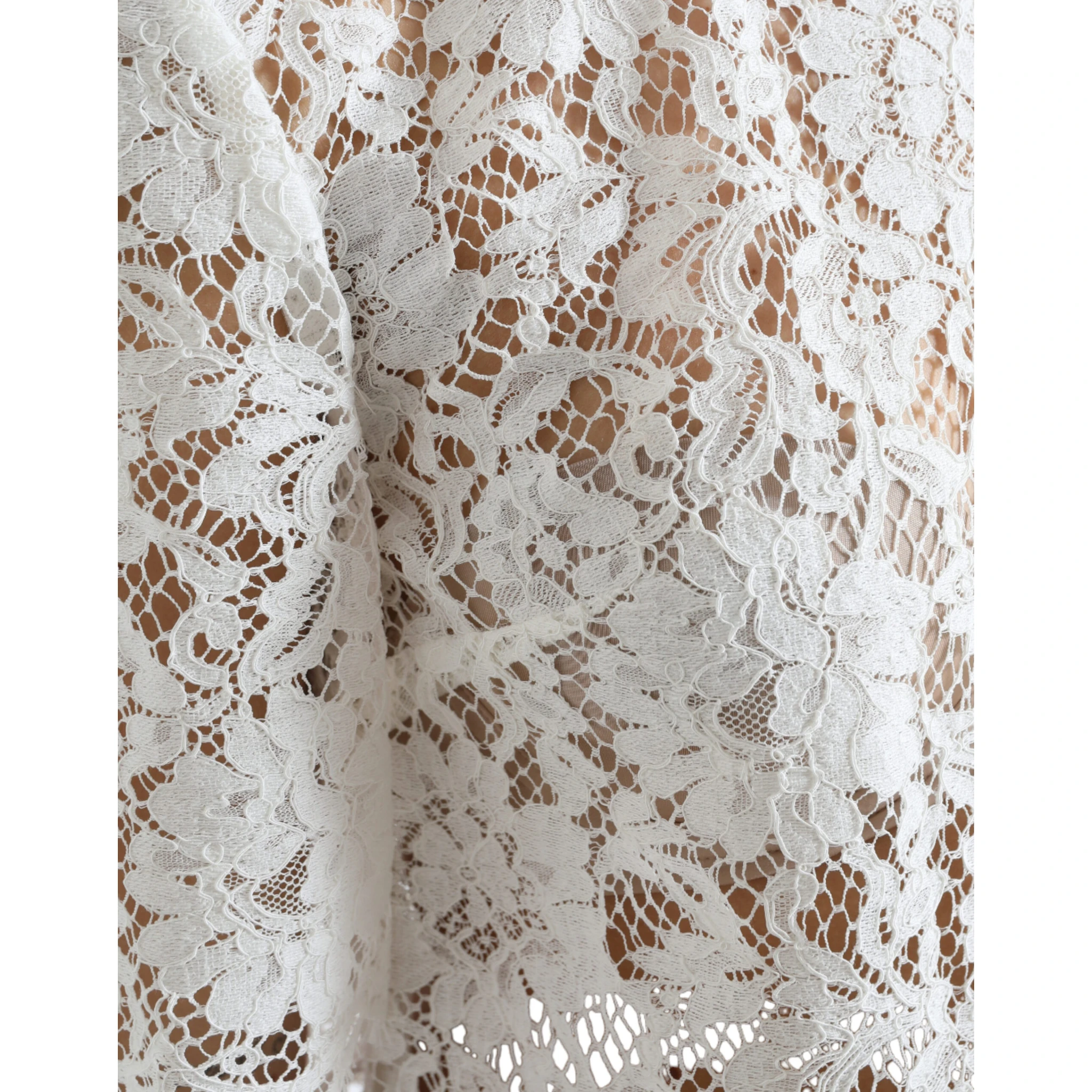 White Floral Lace Cotton Round Neck Blouse Top