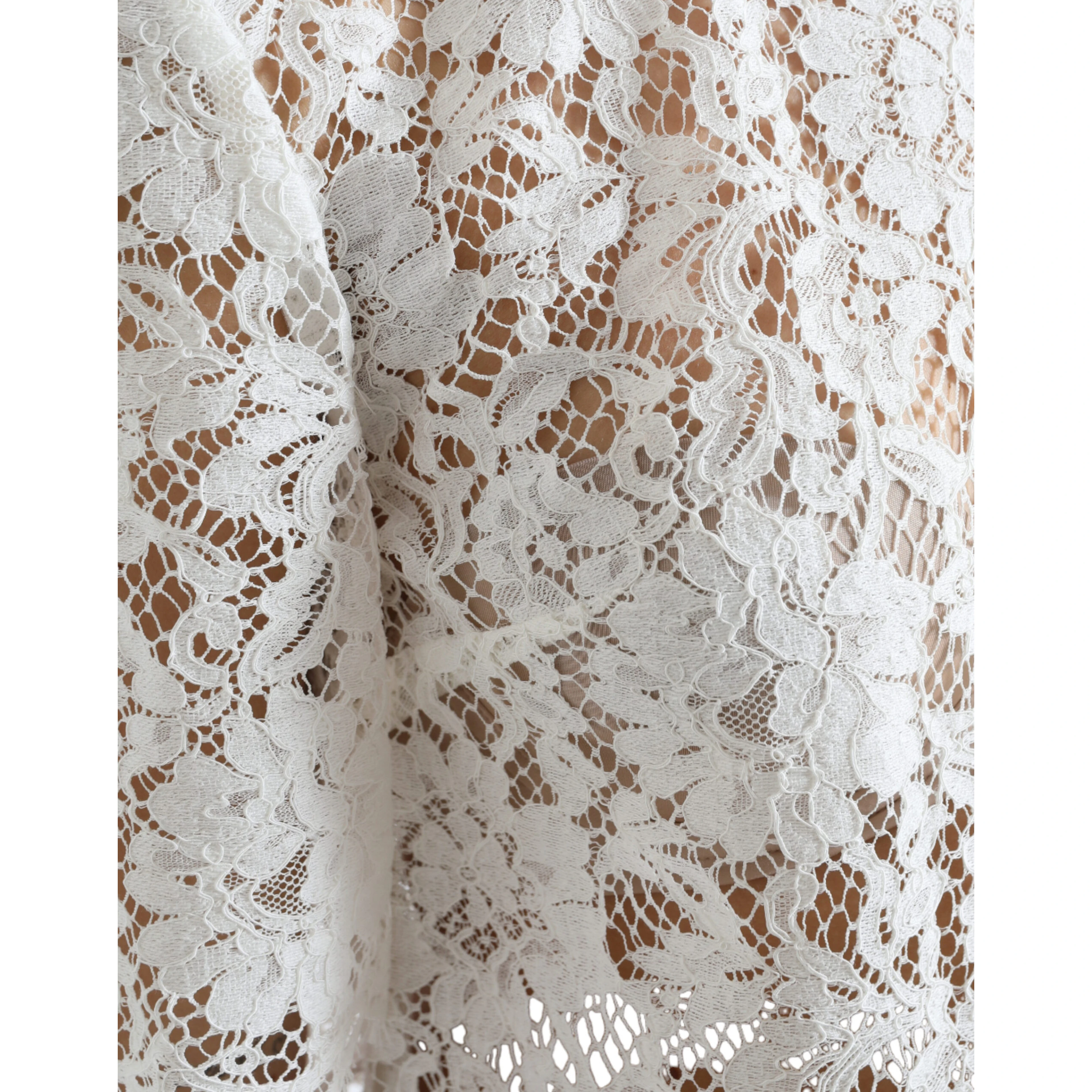 White Floral Lace Cotton Round Neck Blouse Top