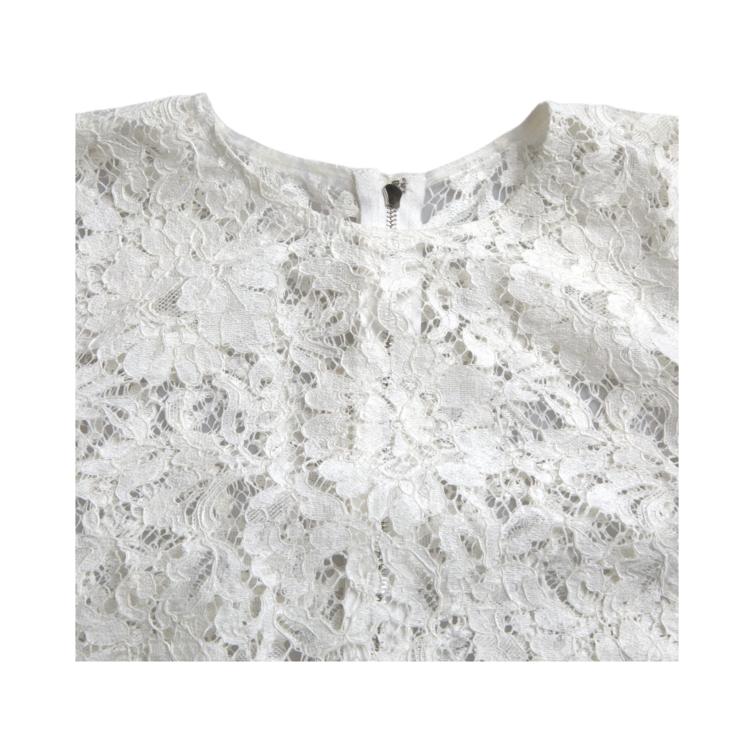 White Floral Lace Cotton Round Neck Blouse Top