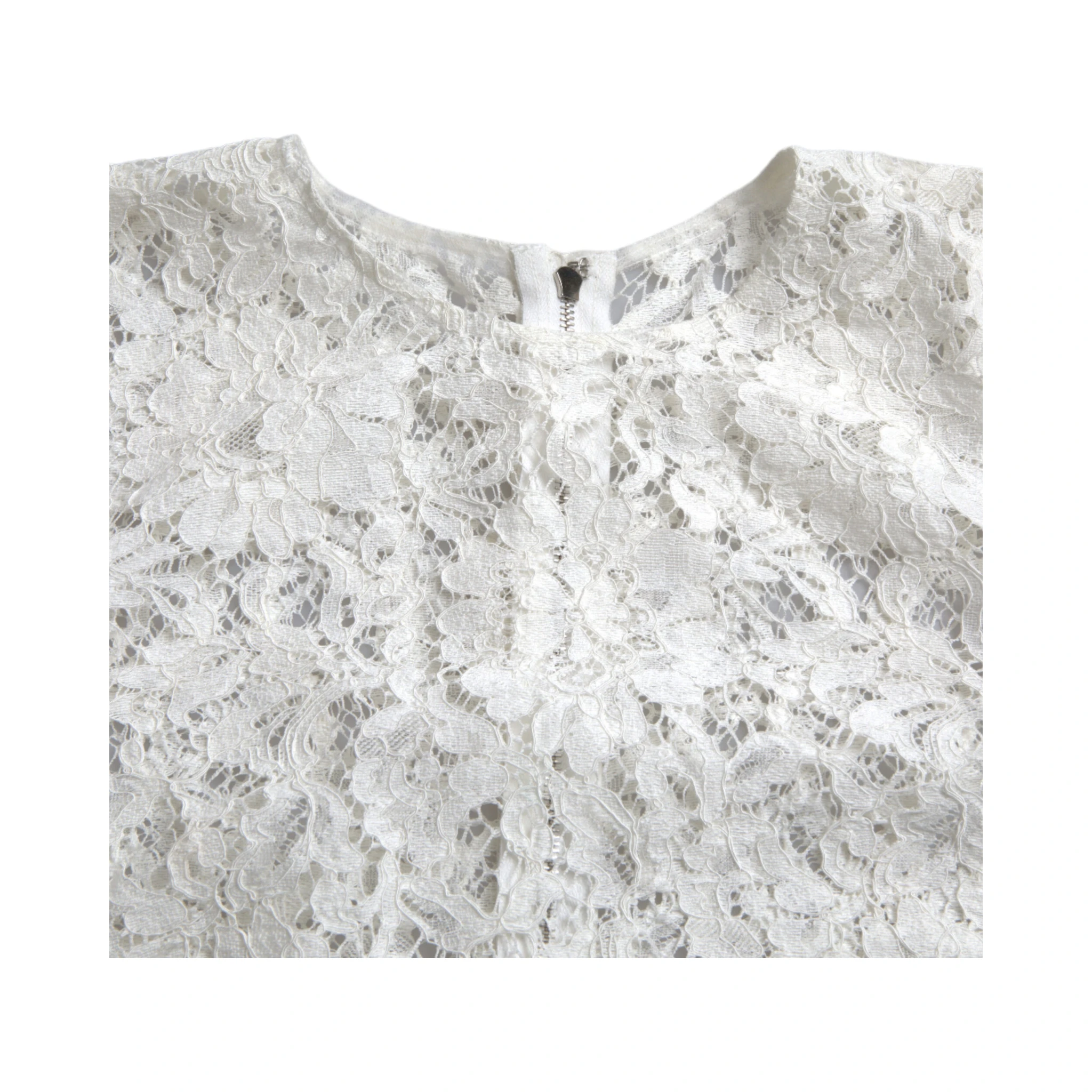 White Floral Lace Cotton Round Neck Blouse Top