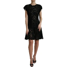 Black Floral Lace Cotton A-line Mini Dress