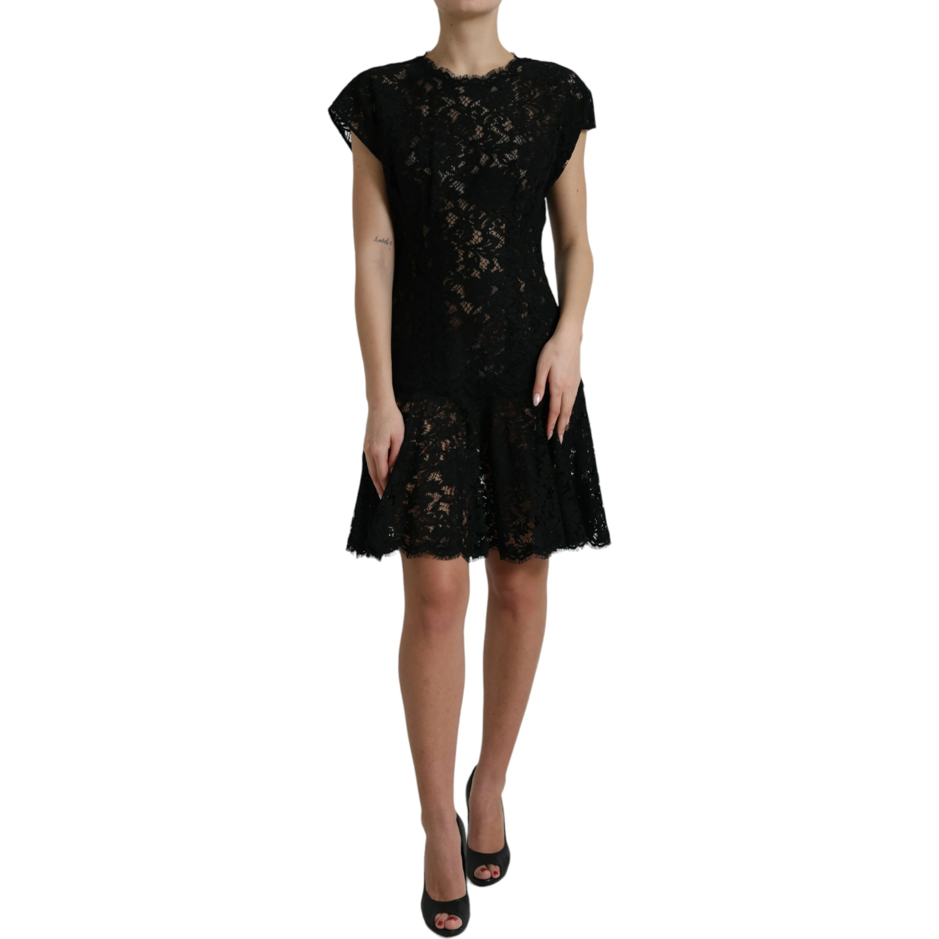 Black Floral Lace Cotton A-line Mini Dress