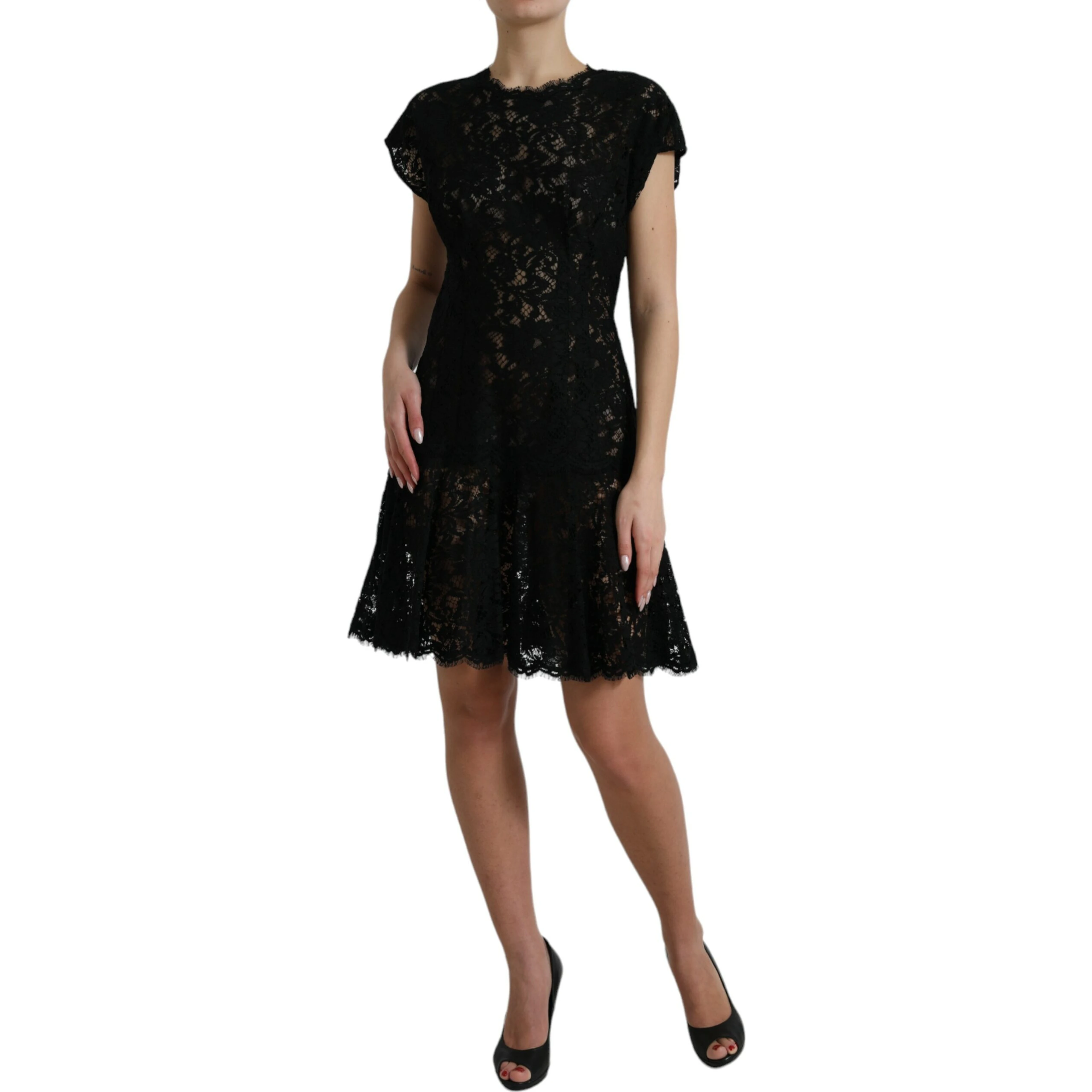 Black Floral Lace Cotton A-line Mini Dress