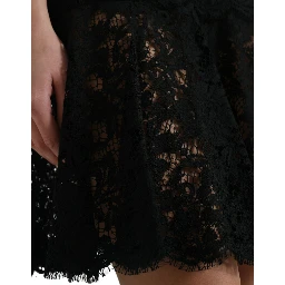 Black Floral Lace Cotton A-line Mini Dress