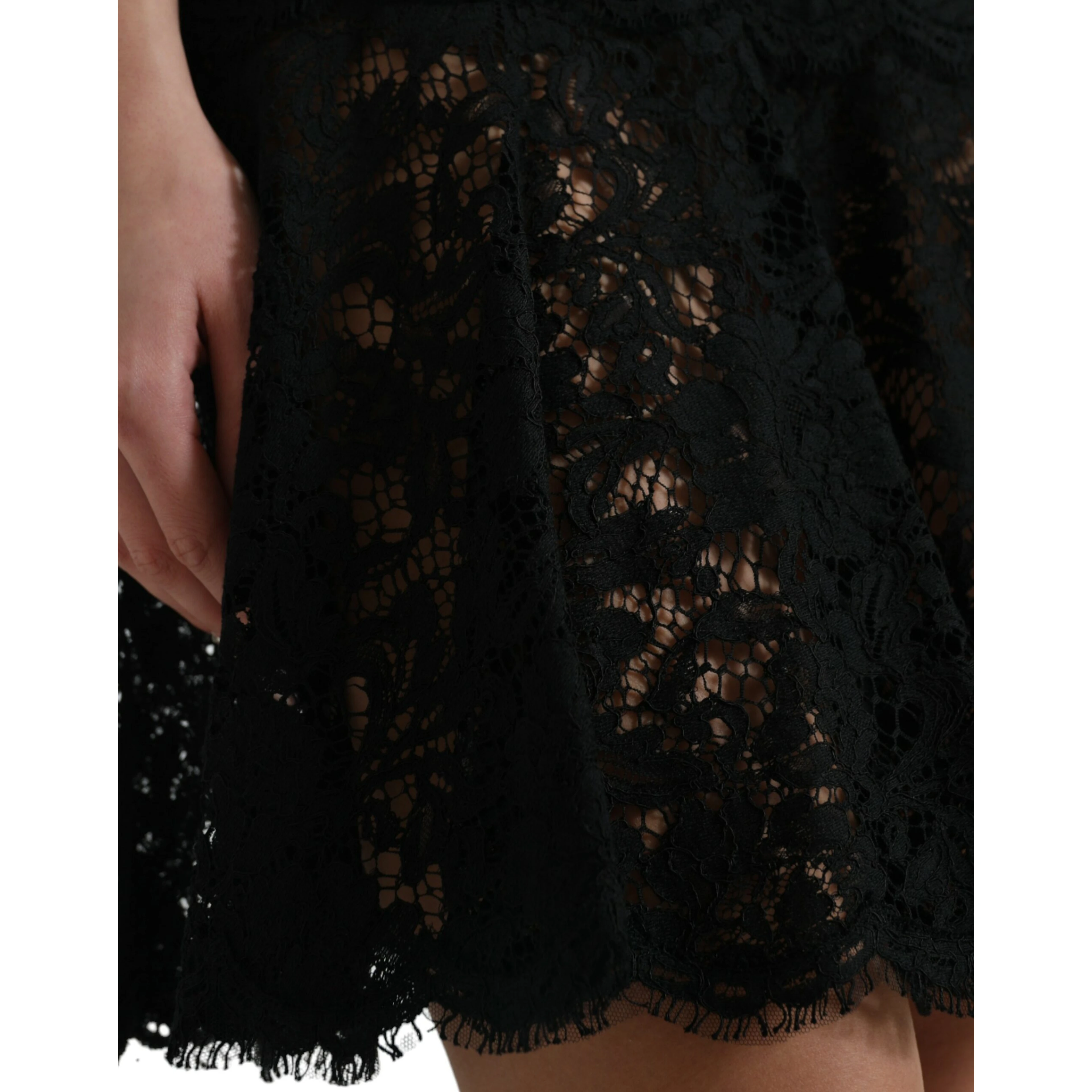 Black Floral Lace Cotton A-line Mini Dress