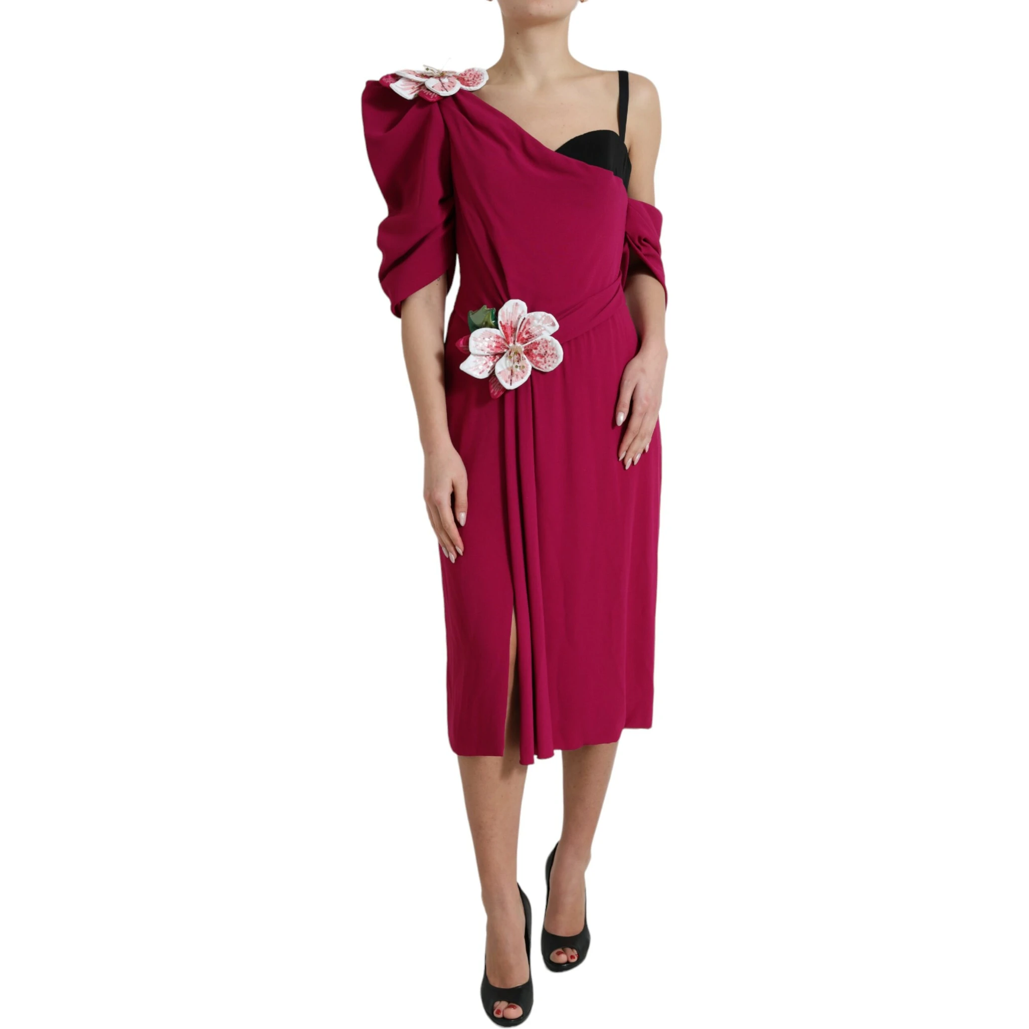 Purple Flower Embellished One Shoulder Dress