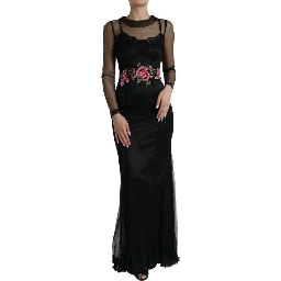 Black Floral Embroidery Mesh Tulle Gown Dress