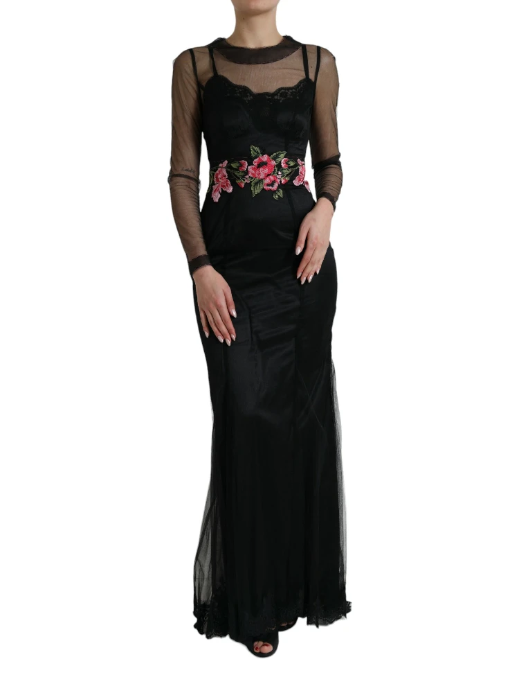 Black Floral Embroidery Mesh Tulle Gown Dress
