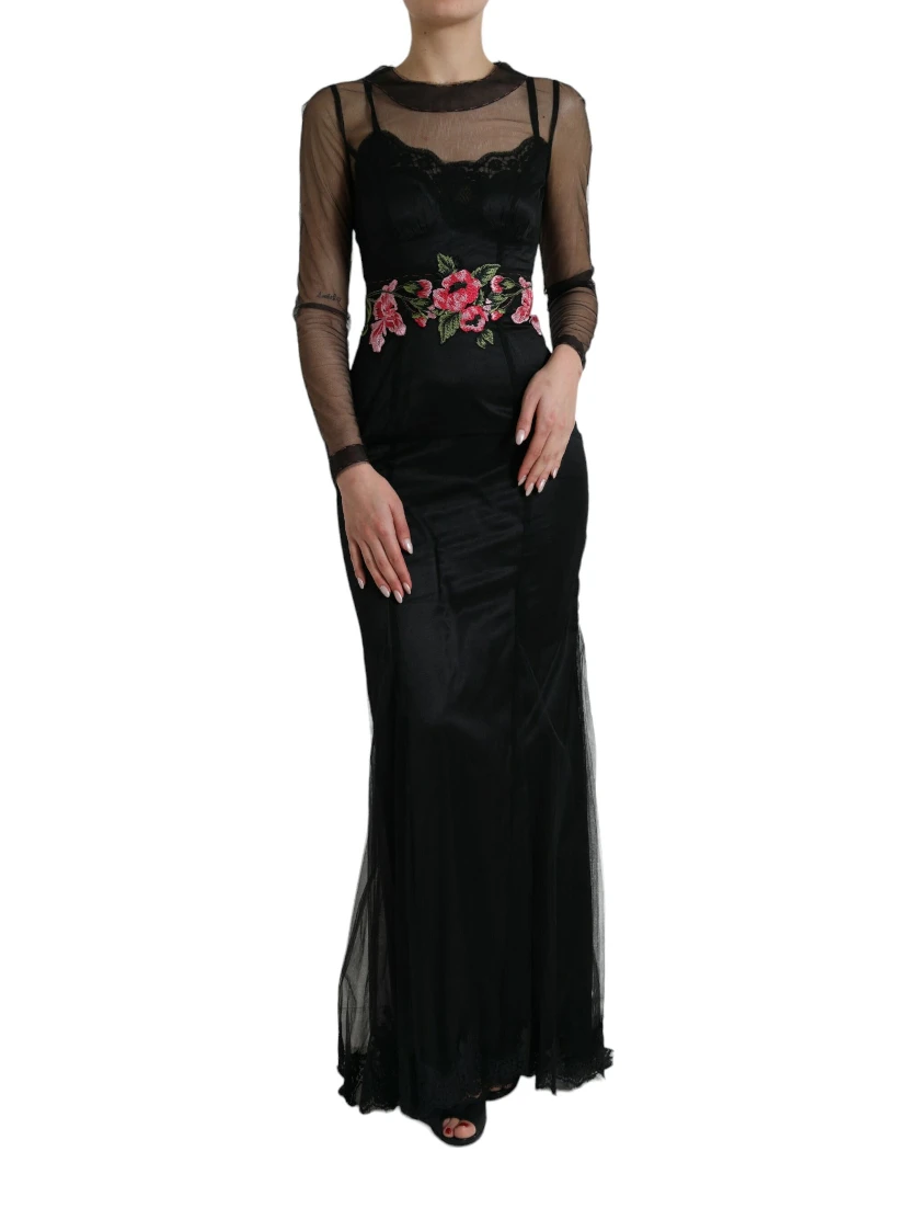 Black Floral Embroidery Mesh Tulle Gown Dress