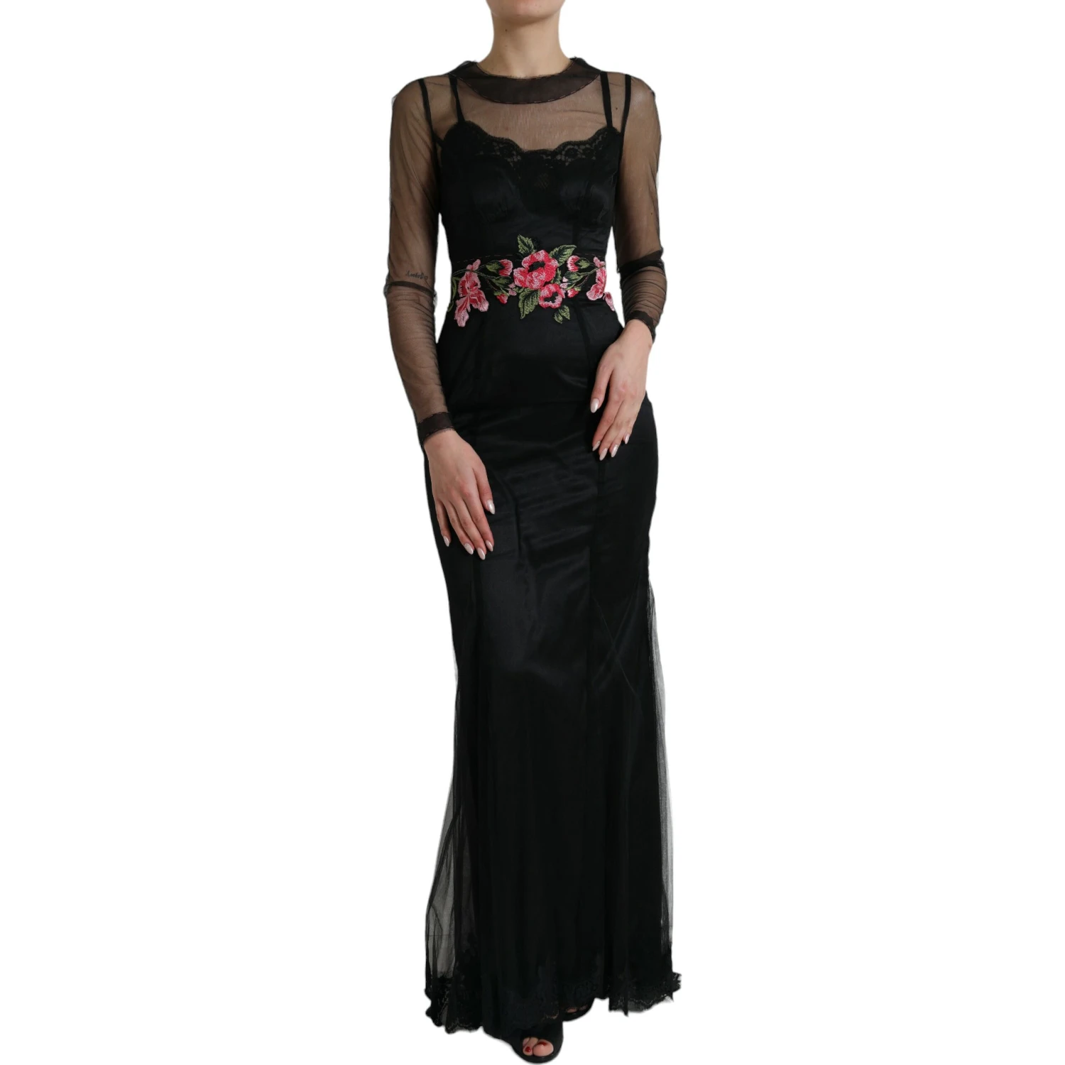 Black Floral Embroidery Mesh Tulle Gown Dress