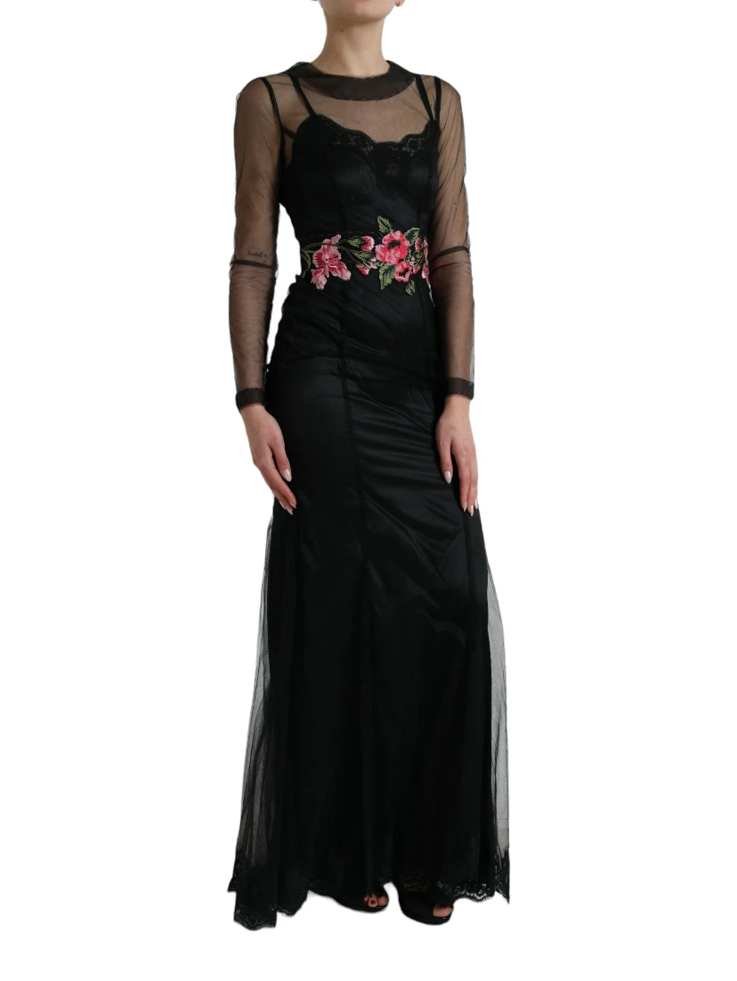 Black Floral Embroidery Mesh Tulle Gown Dress
