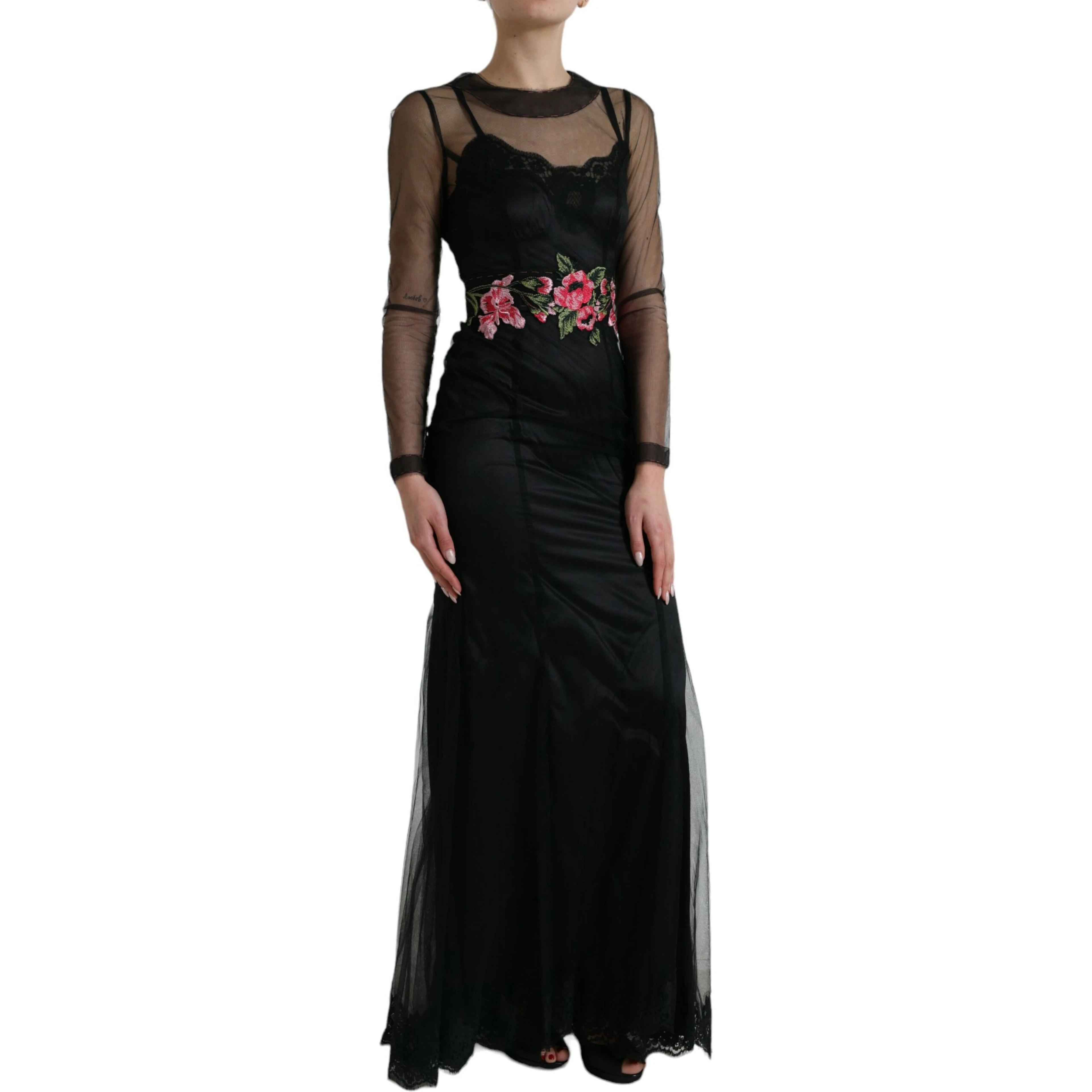 Black Floral Embroidery Mesh Tulle Gown Dress