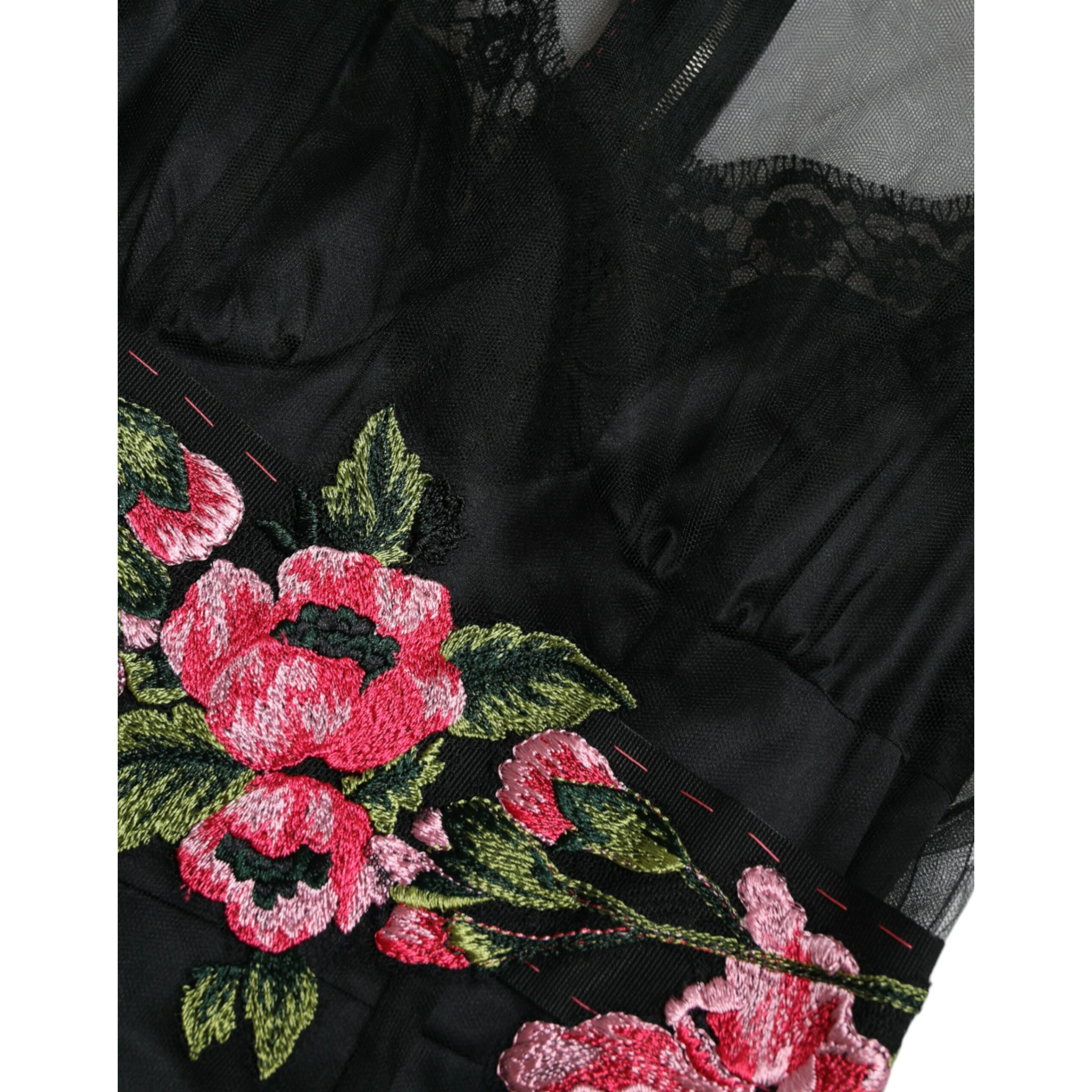Black Floral Embroidery Mesh Tulle Gown Dress