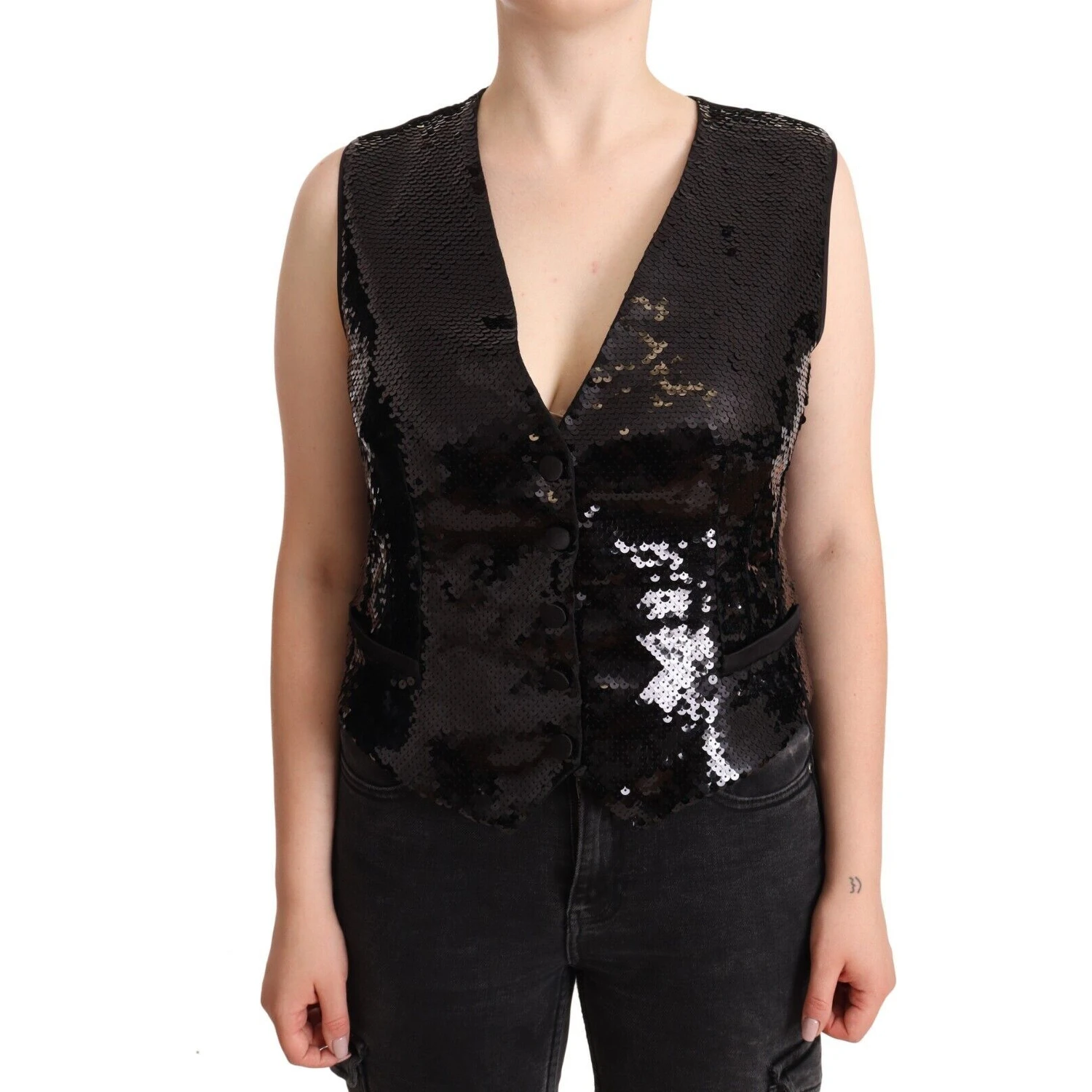 Black Sequin V-Neck Sleeveless Vest Tank Top