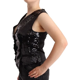 Black Sequin V-Neck Sleeveless Vest Tank Top