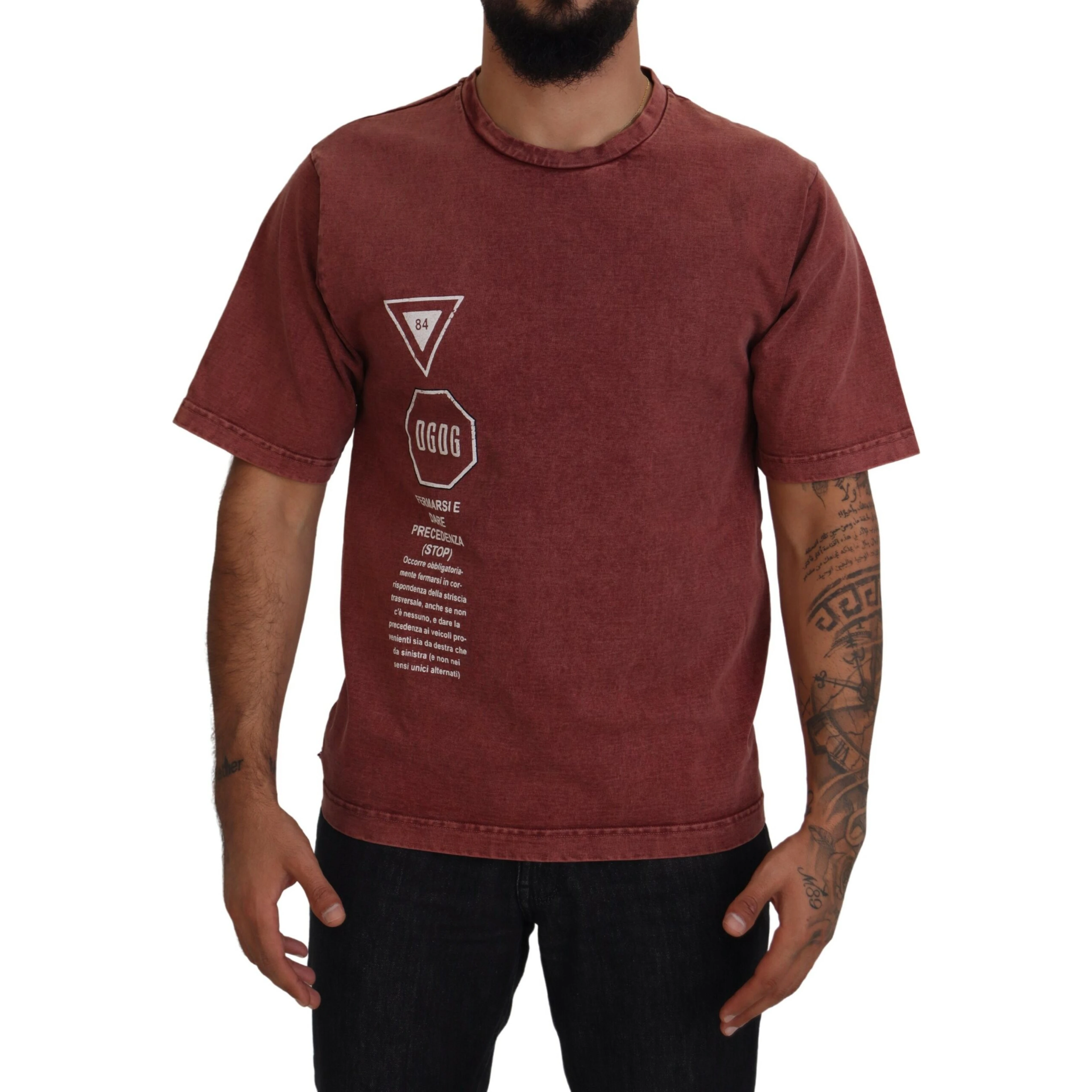 Maroon Print Round Neck Short Sleeves T-shirt