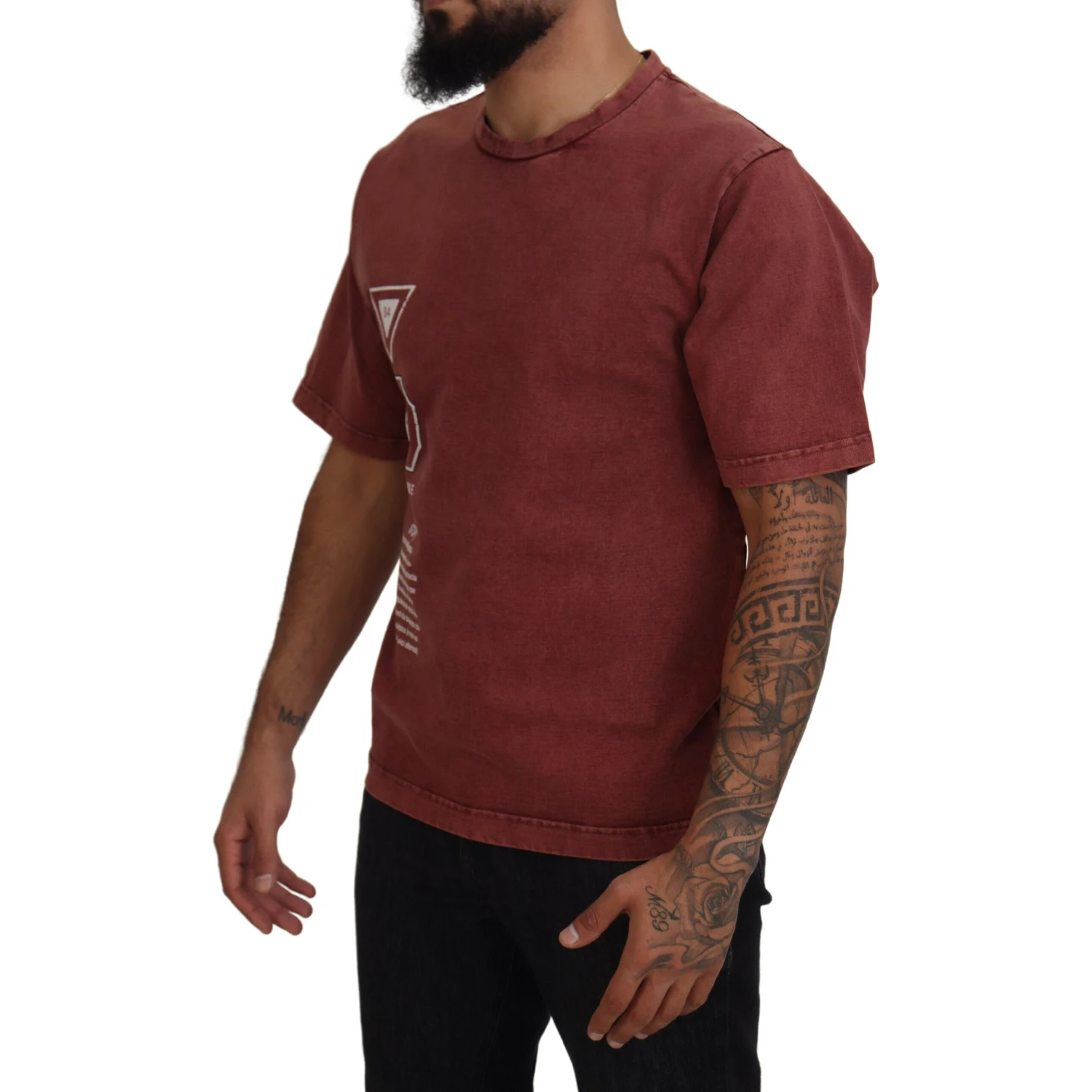 Maroon Print Round Neck Short Sleeves T-shirt