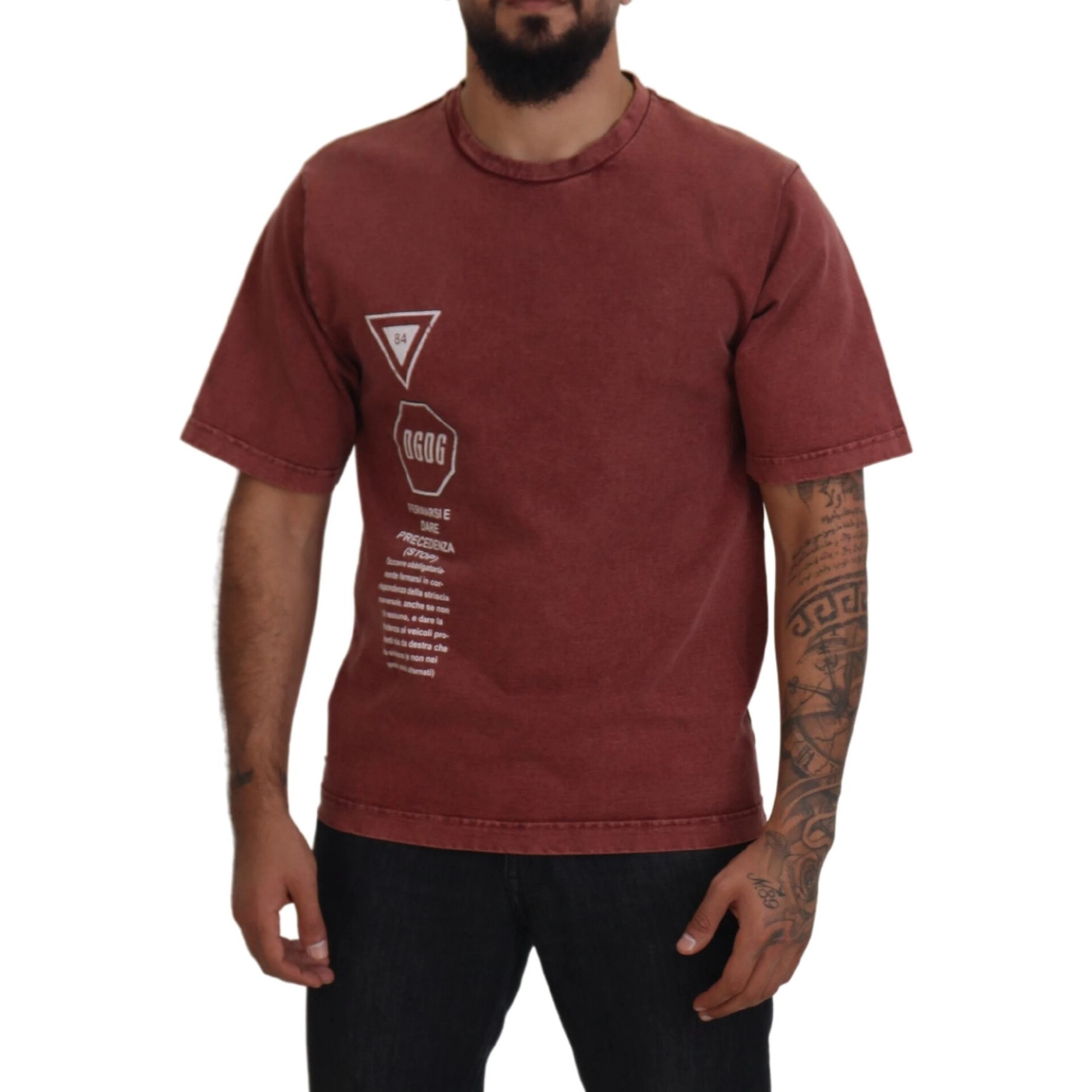 Maroon Print Round Neck Short Sleeves T-shirt